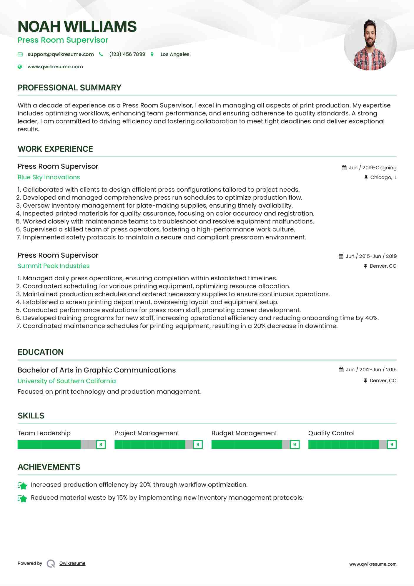 Press Room Supervisor Resume Template
