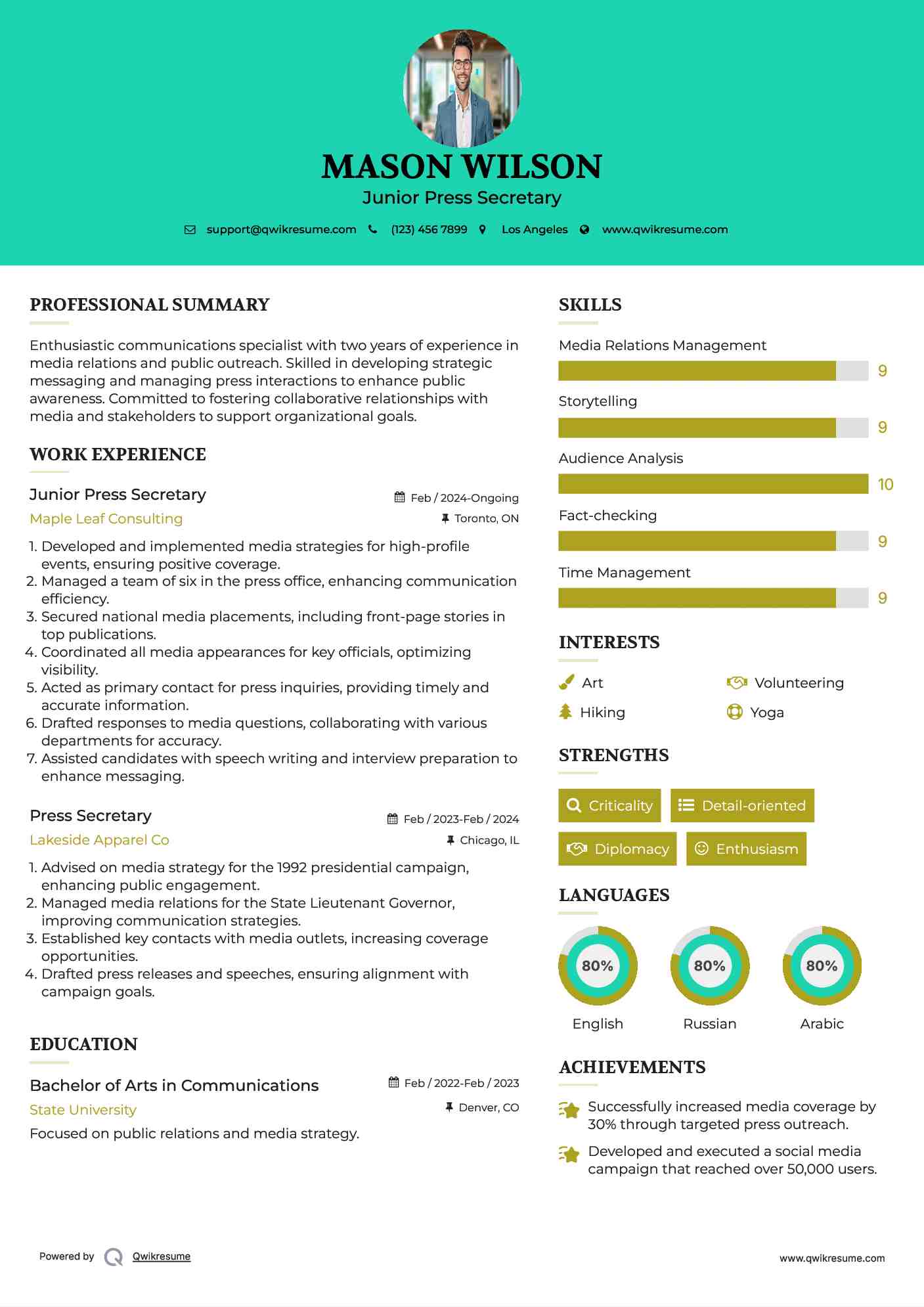 Junior Press Secretary Resume Example