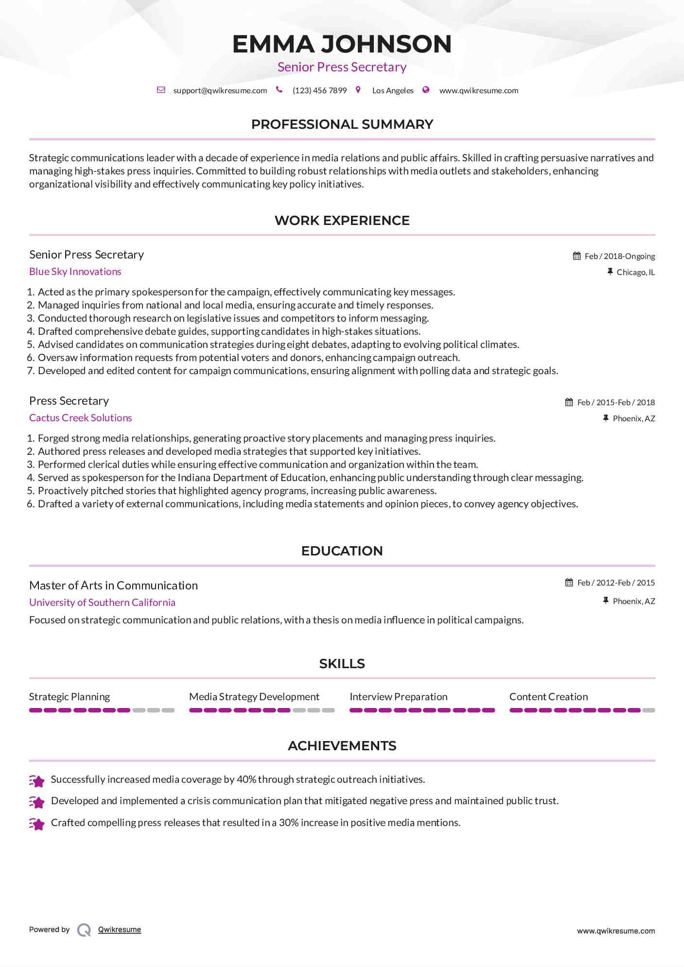 Senior Press Secretary Resume Template