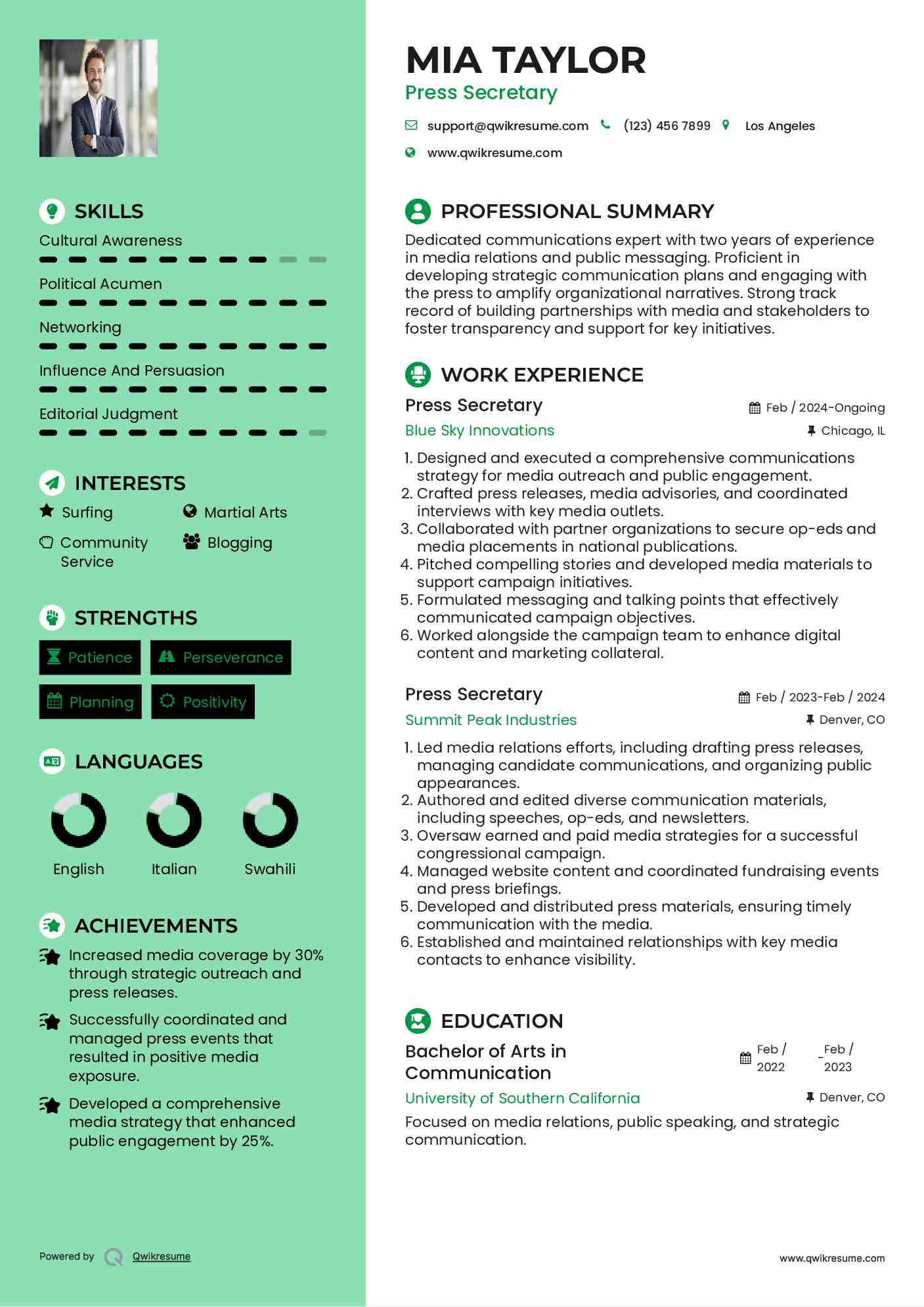 Press Secretary Resume Sample