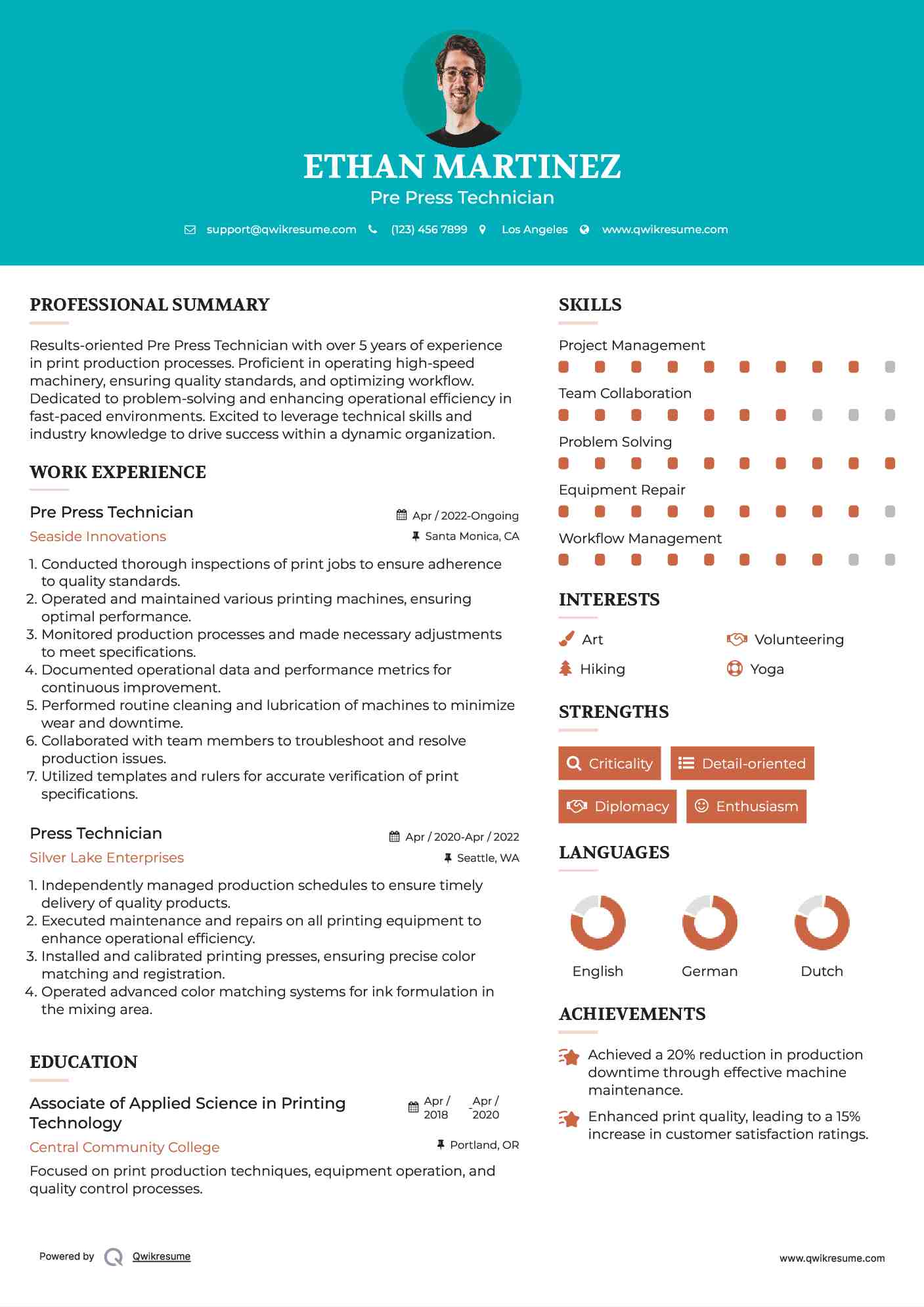 Pre Press Technician Resume Template