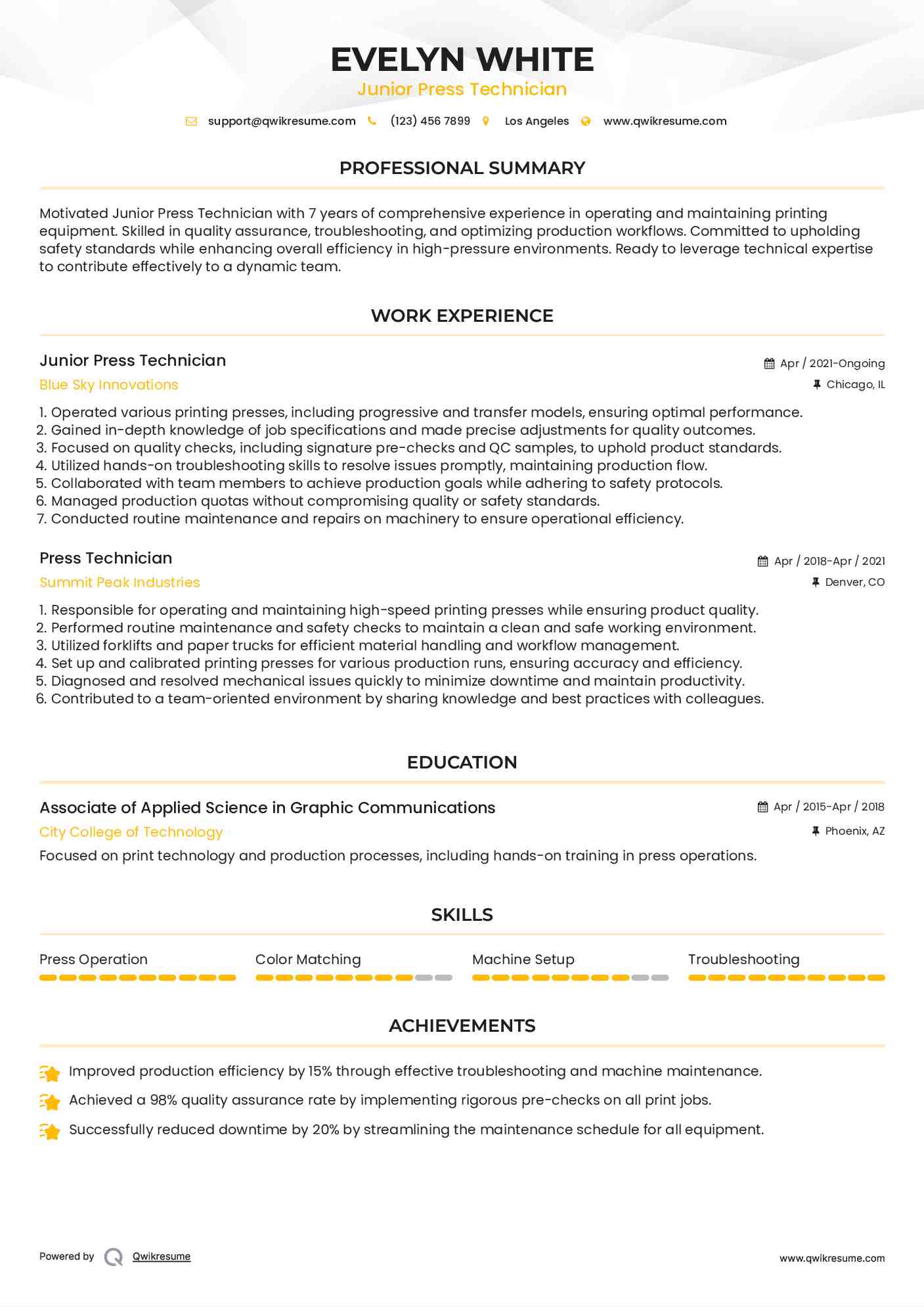 Junior Press Technician Resume Sample