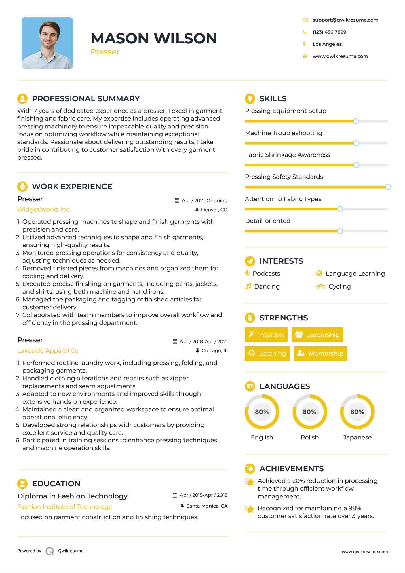 Presser Resume Sample