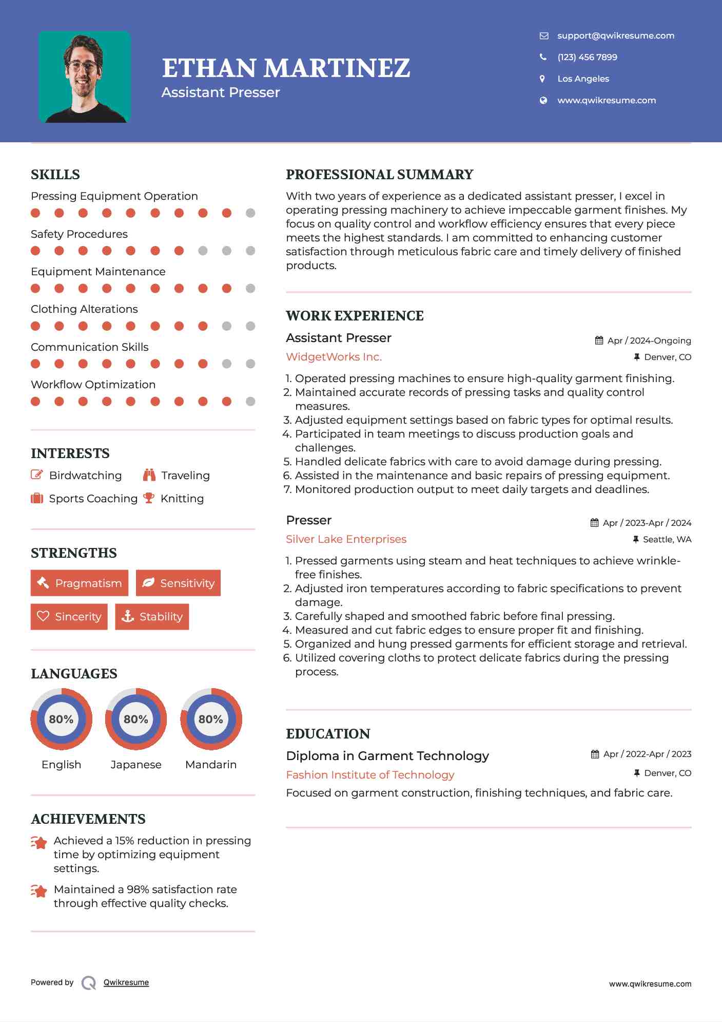 Assistant Presser  Resume Sample