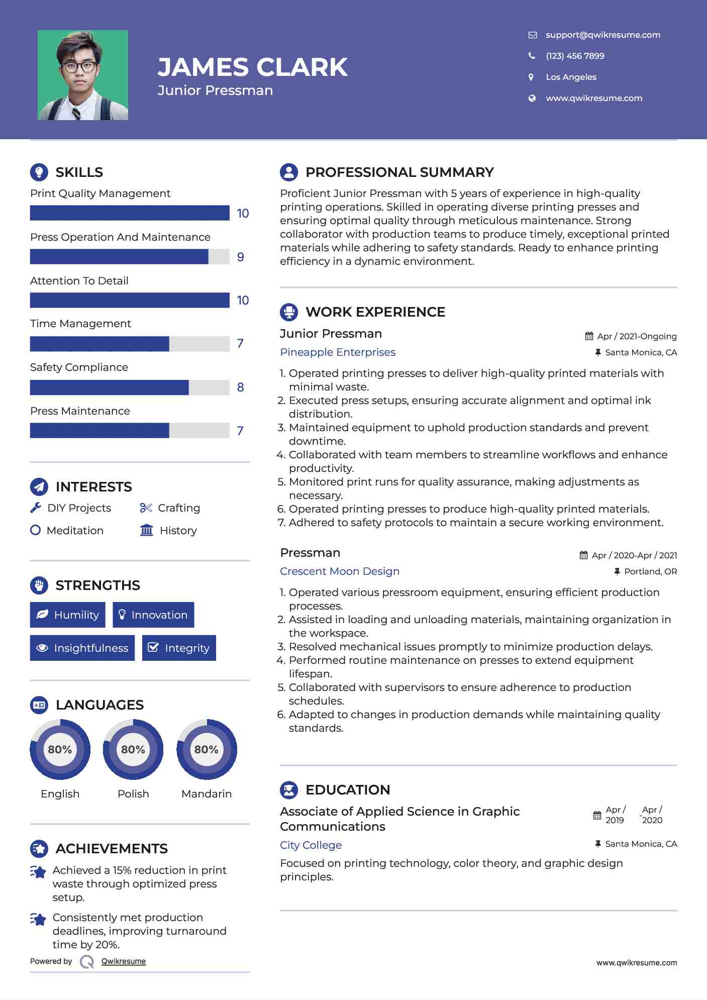 Junior Pressman Resume Sample