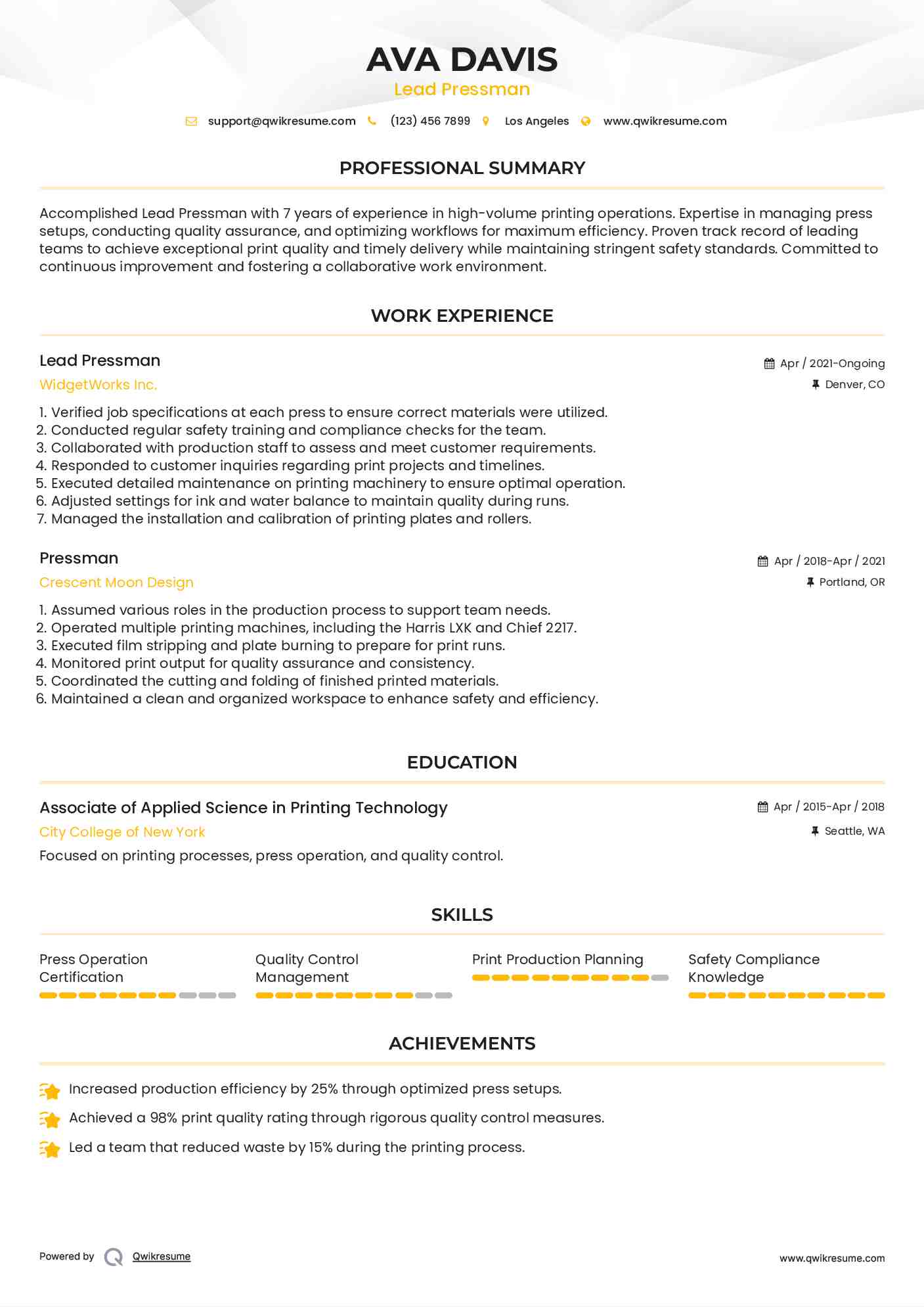 Lead Pressman Resume Format