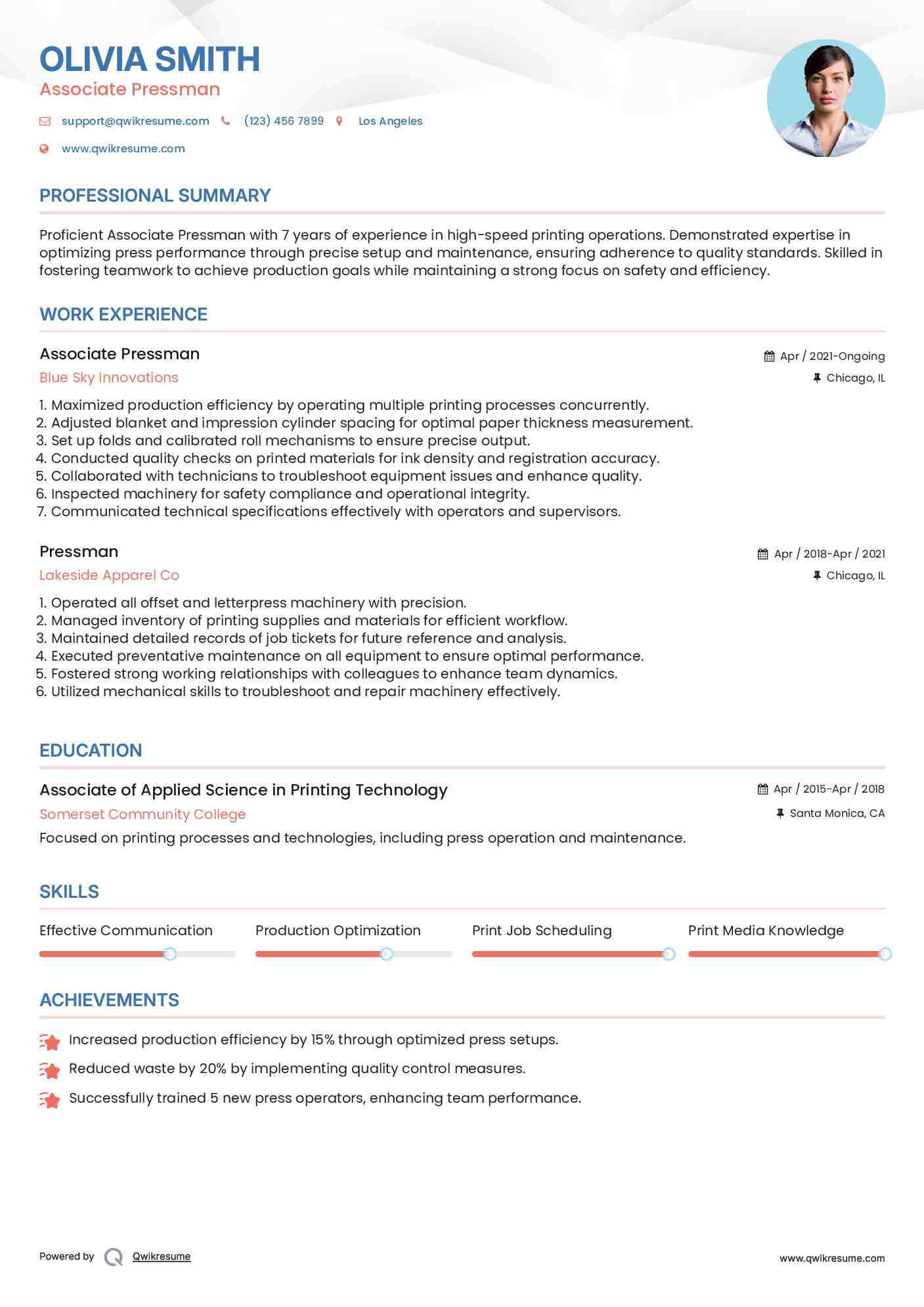 Associate Pressman Resume Format