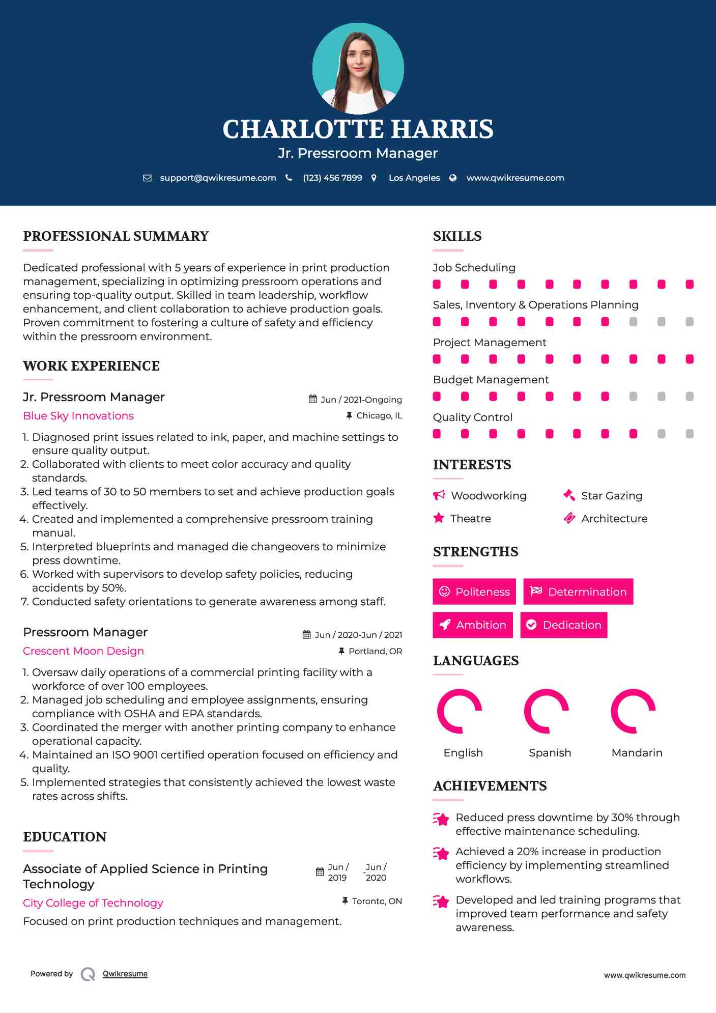 Jr. Pressroom Manager Resume Template