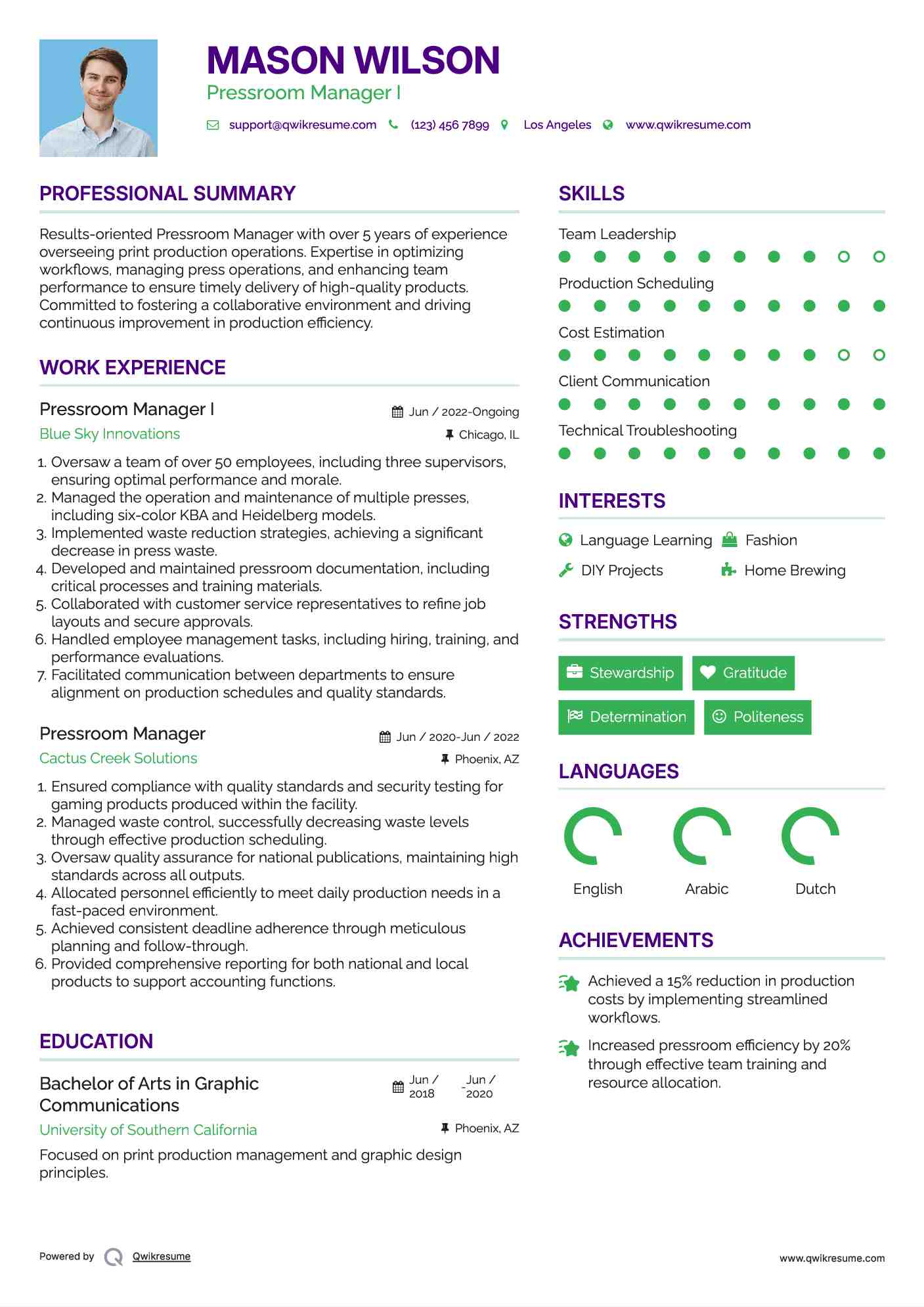 Pressroom Manager I Resume Example