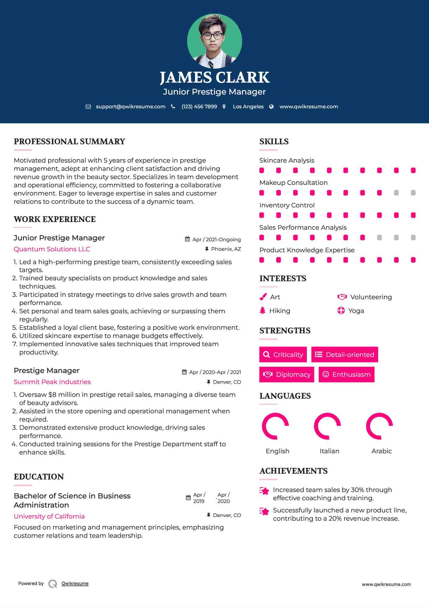 Junior Prestige Manager Resume Sample