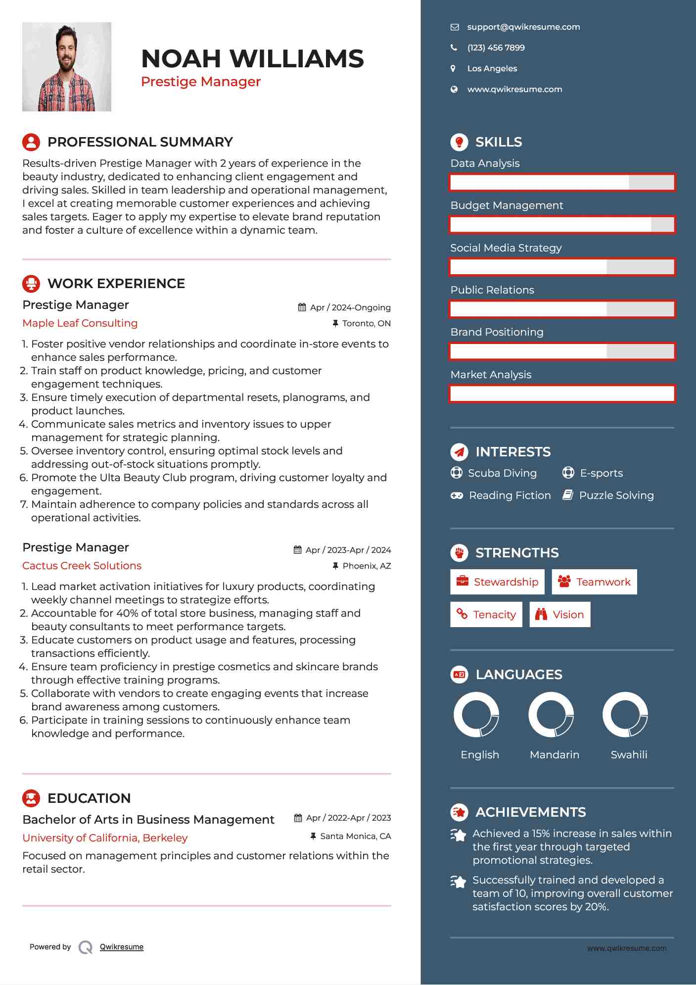 Prestige Manager Resume Format