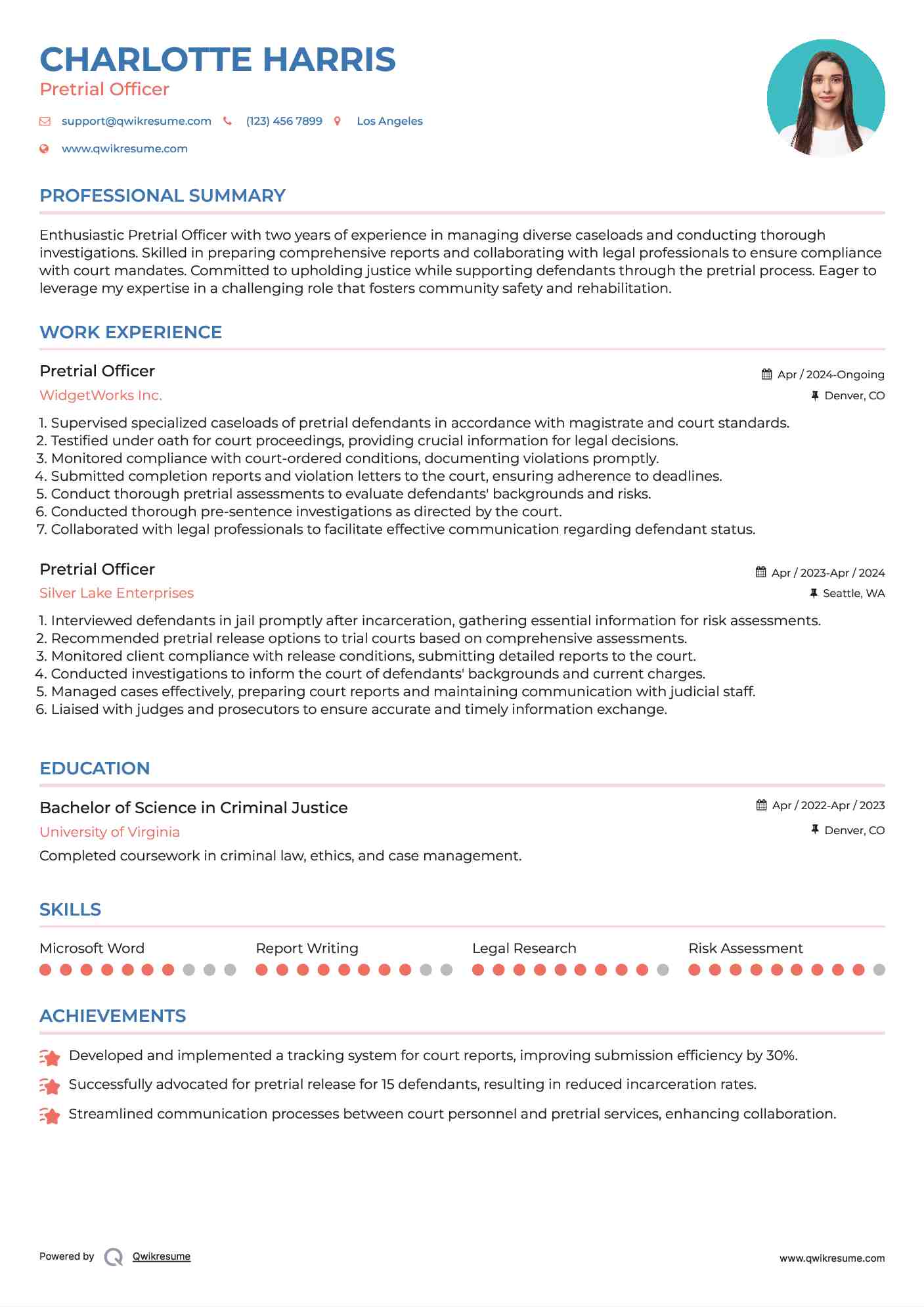Pretrial Officer Resume Template