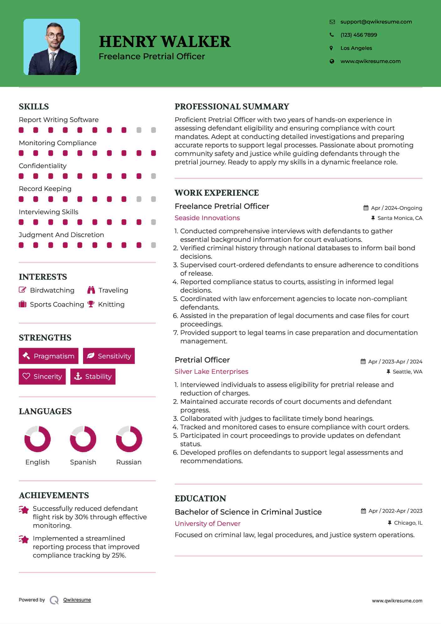 Freelance Pretrial Officer Resume Sample
