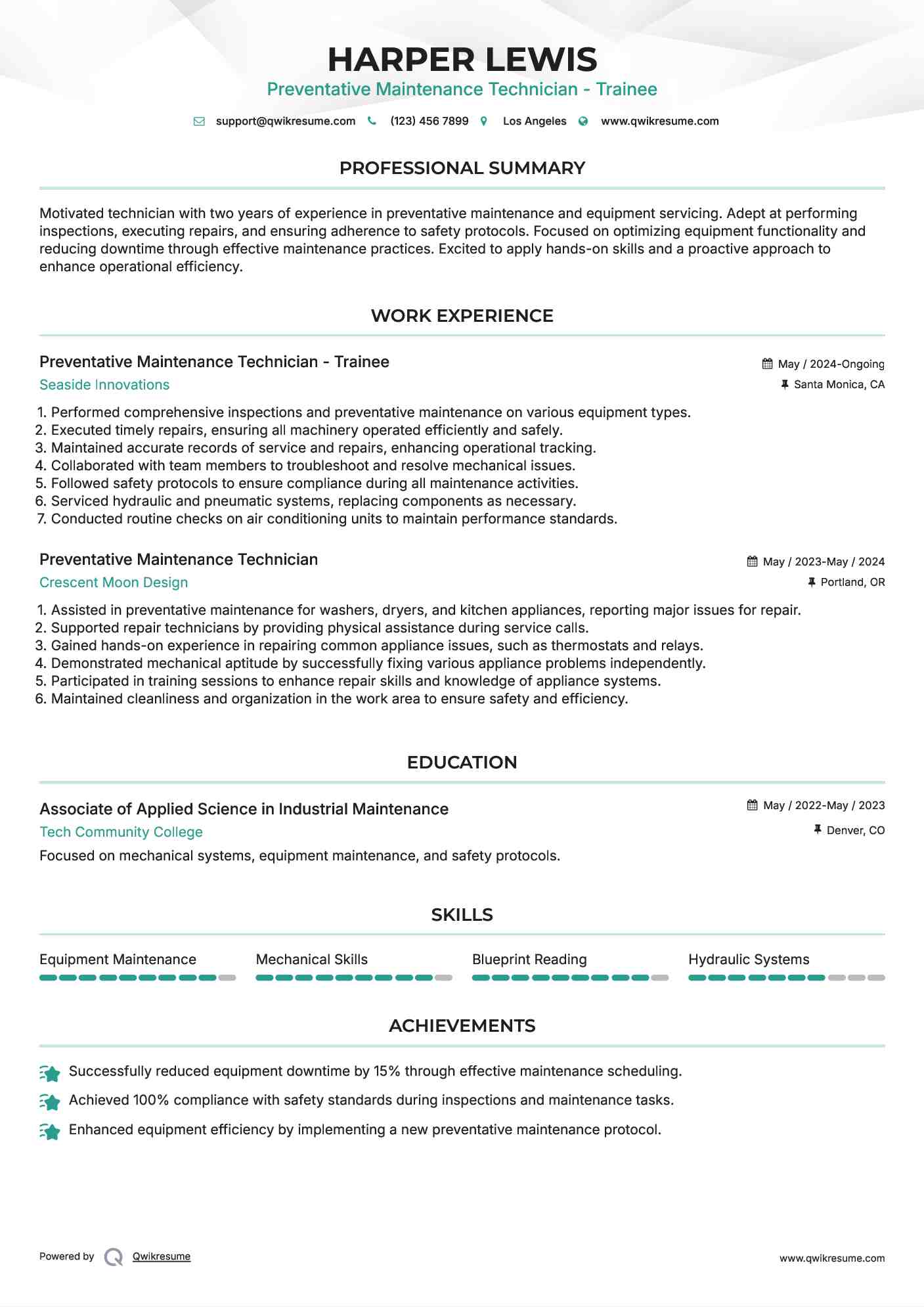 Preventative Maintenance Technician - Trainee Resume Format