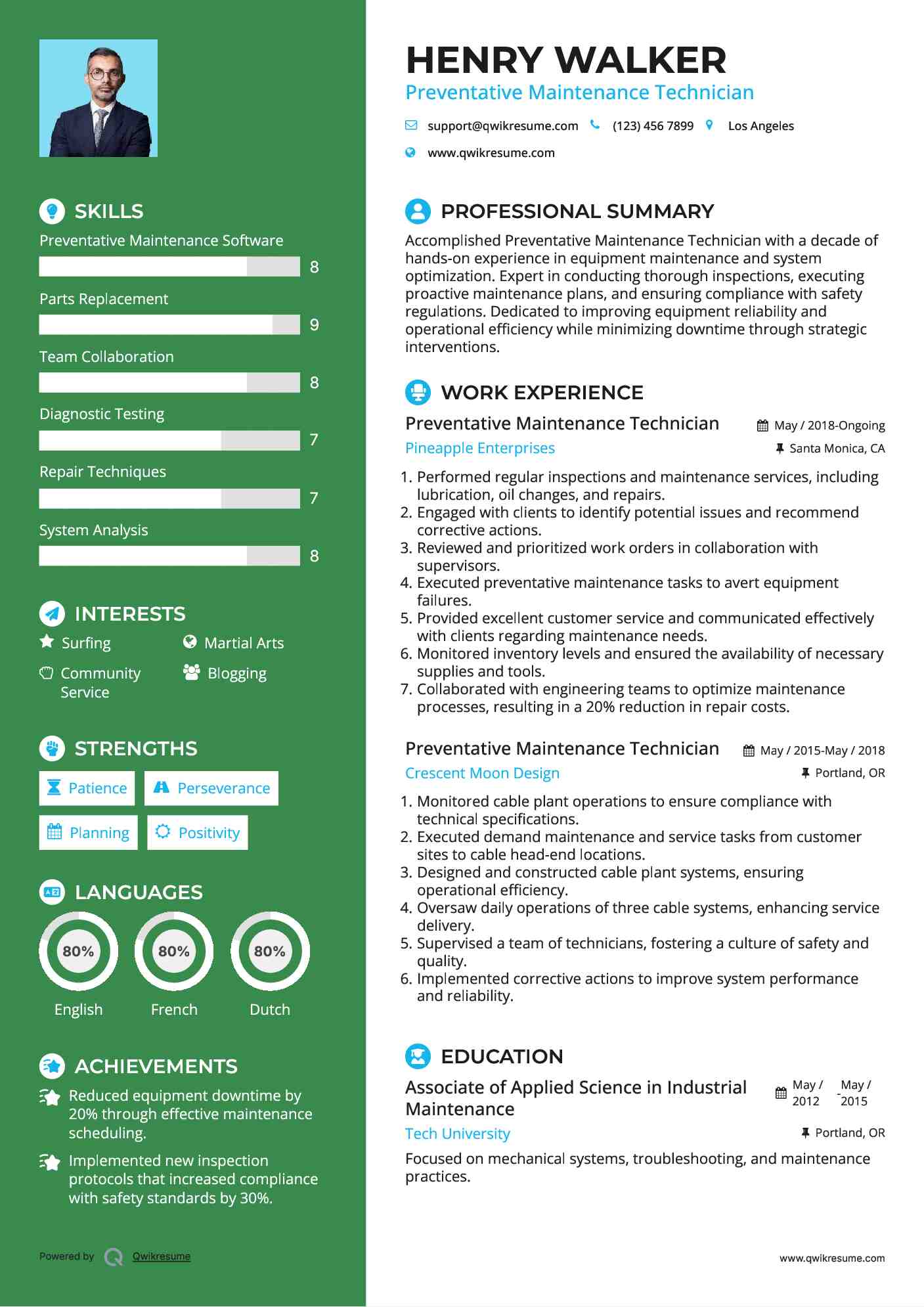 Preventative Maintenance Technician Resume Example