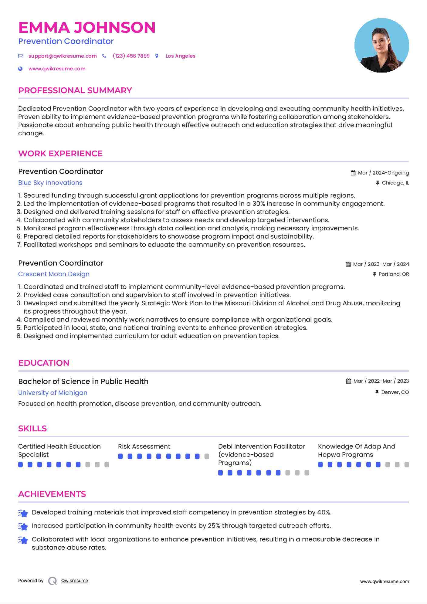 Prevention Coordinator Resume Sample