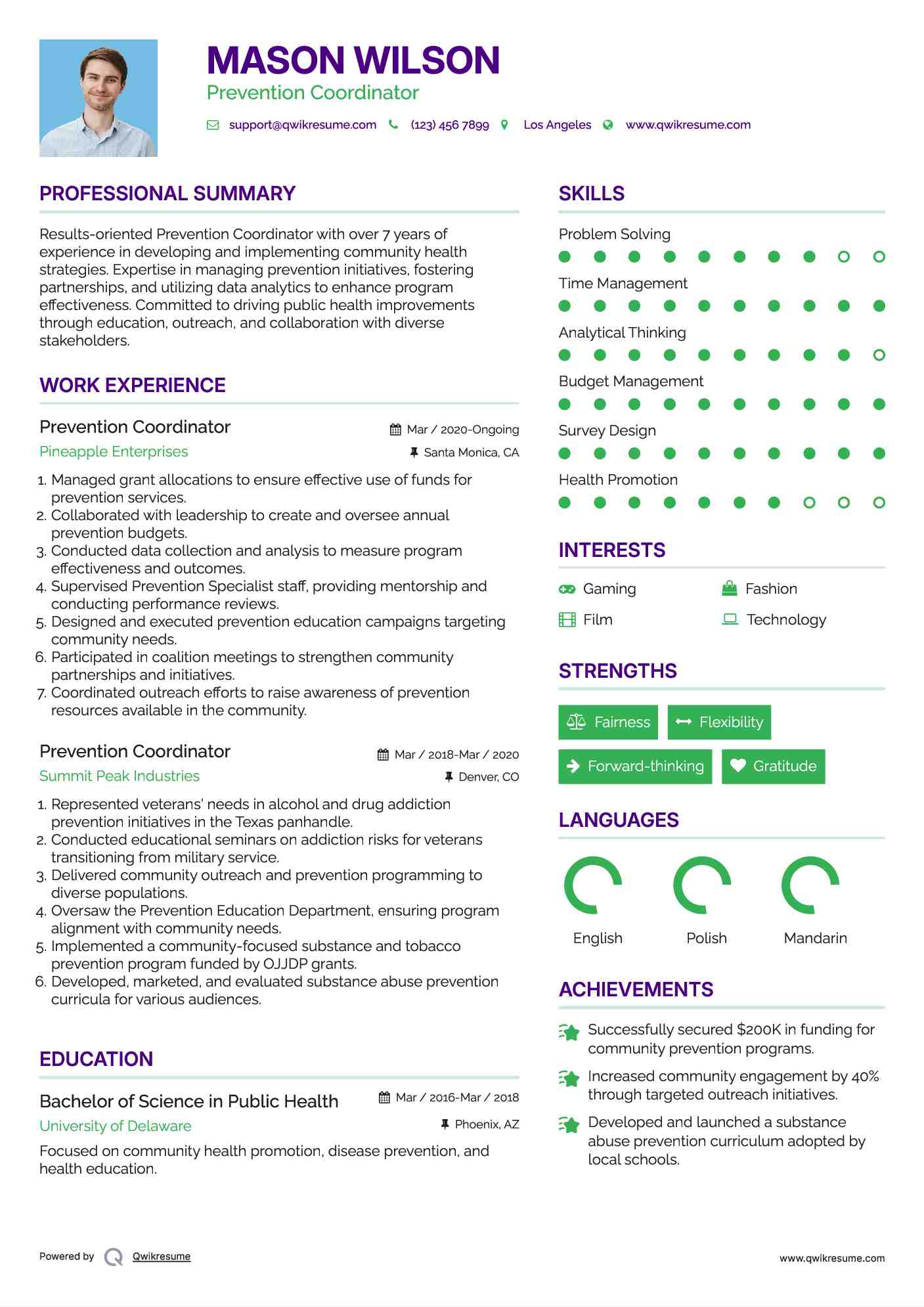 Prevention Coordinator Resume Example