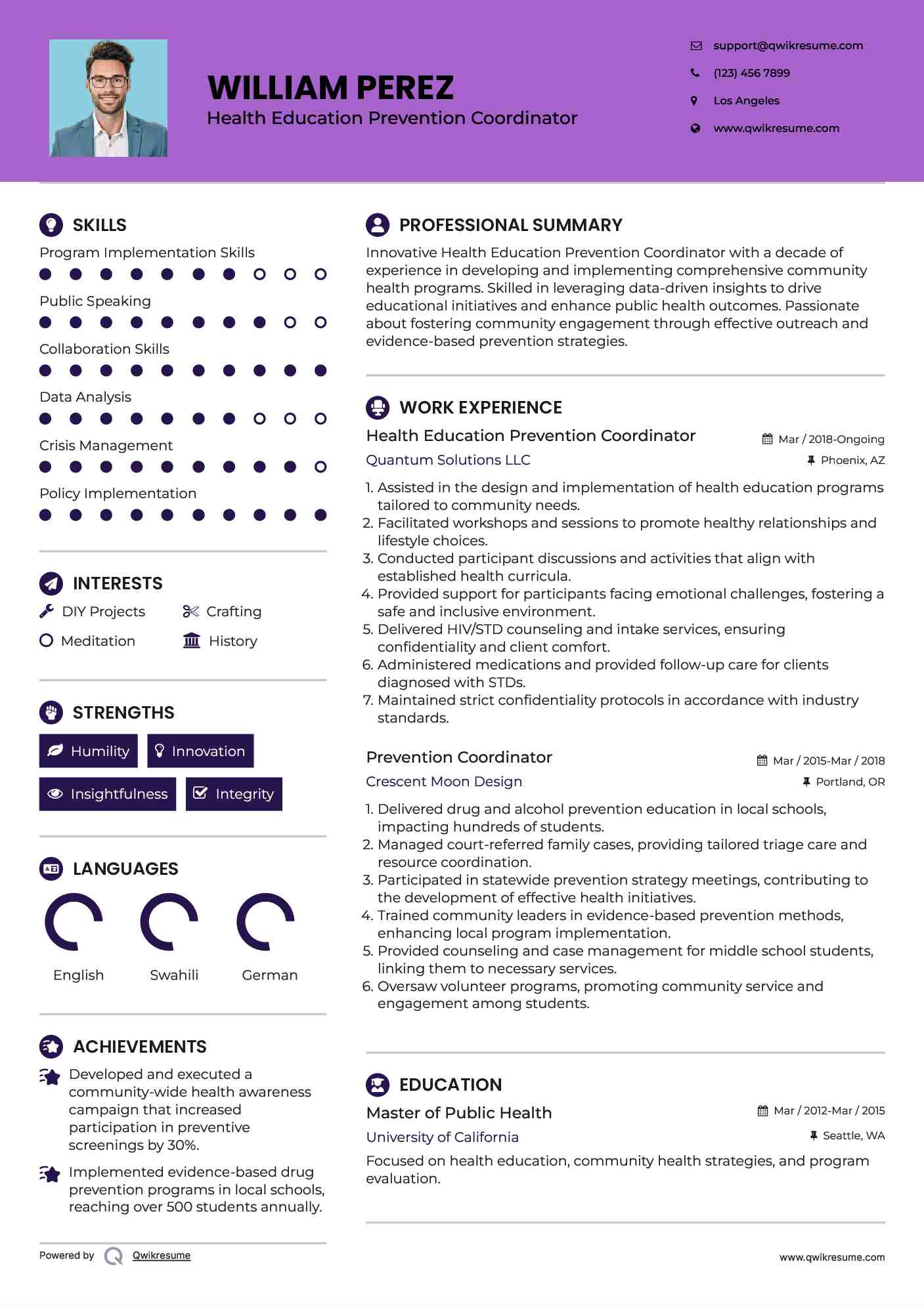Health Education Prevention Coordinator Resume Example