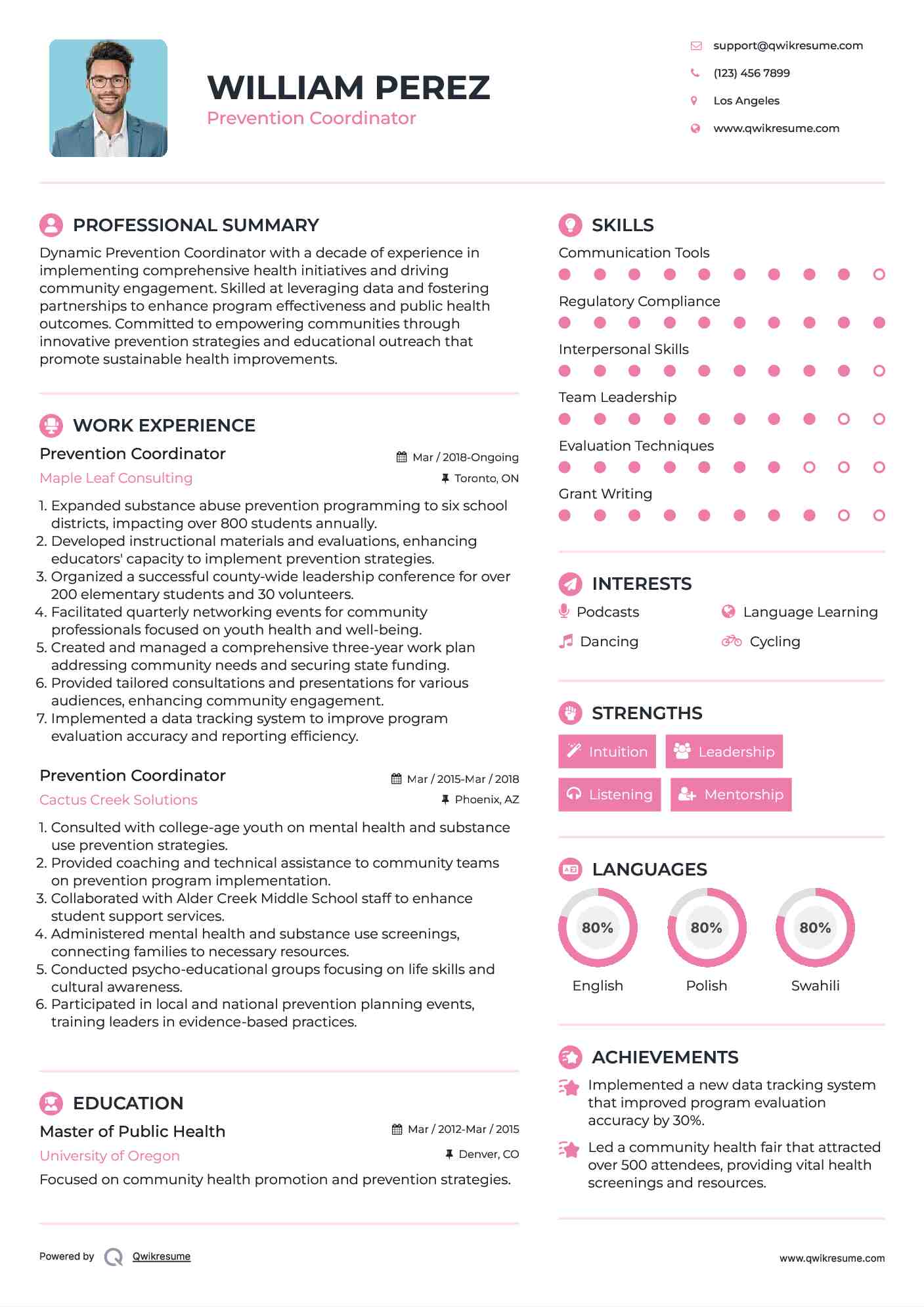 Prevention Coordinator Resume Sample