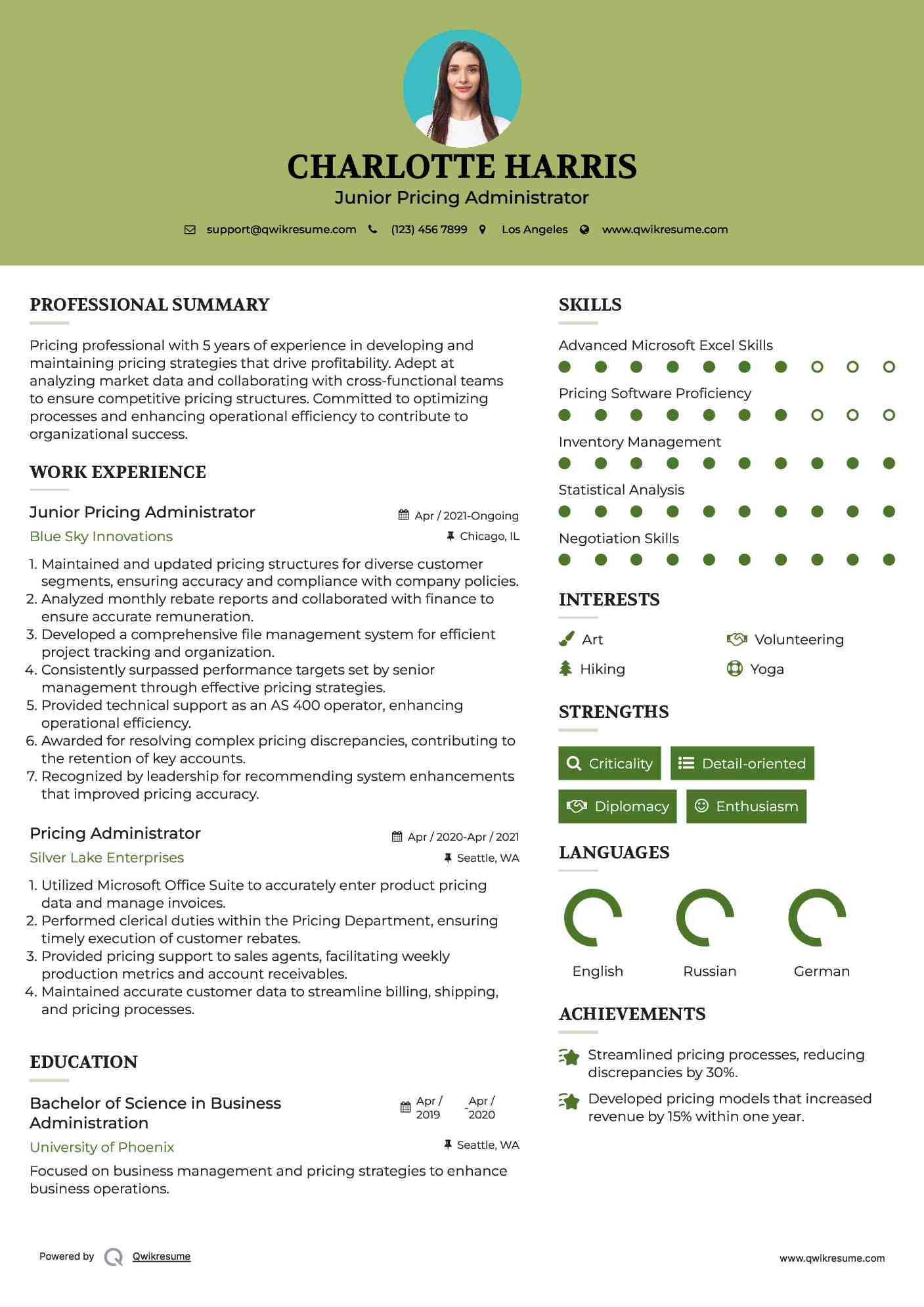 Junior Pricing Administrator Resume Format