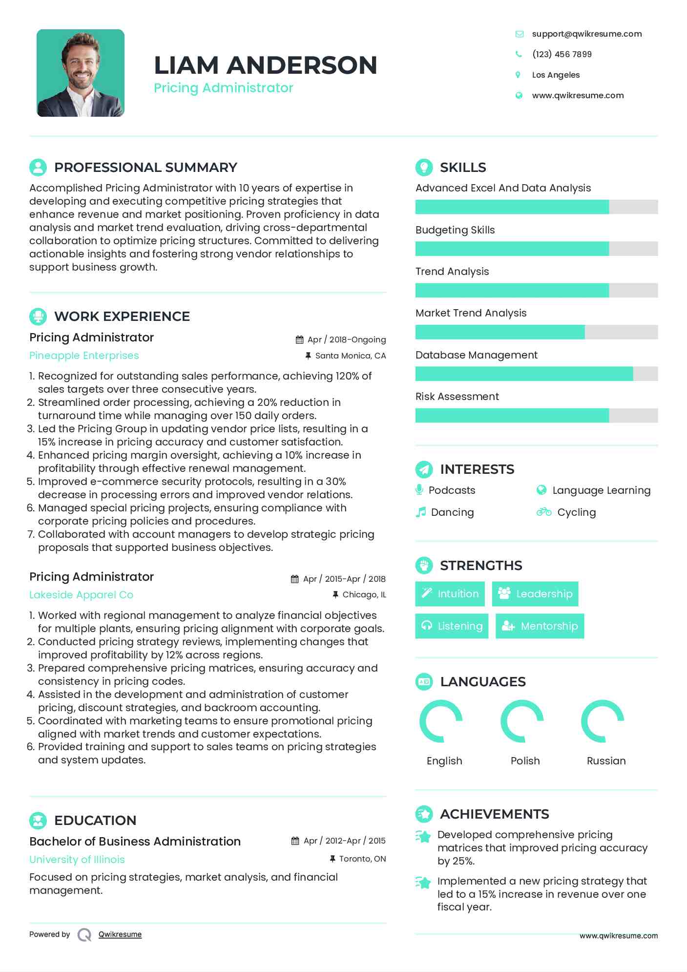 Pricing Administrator Resume Sample