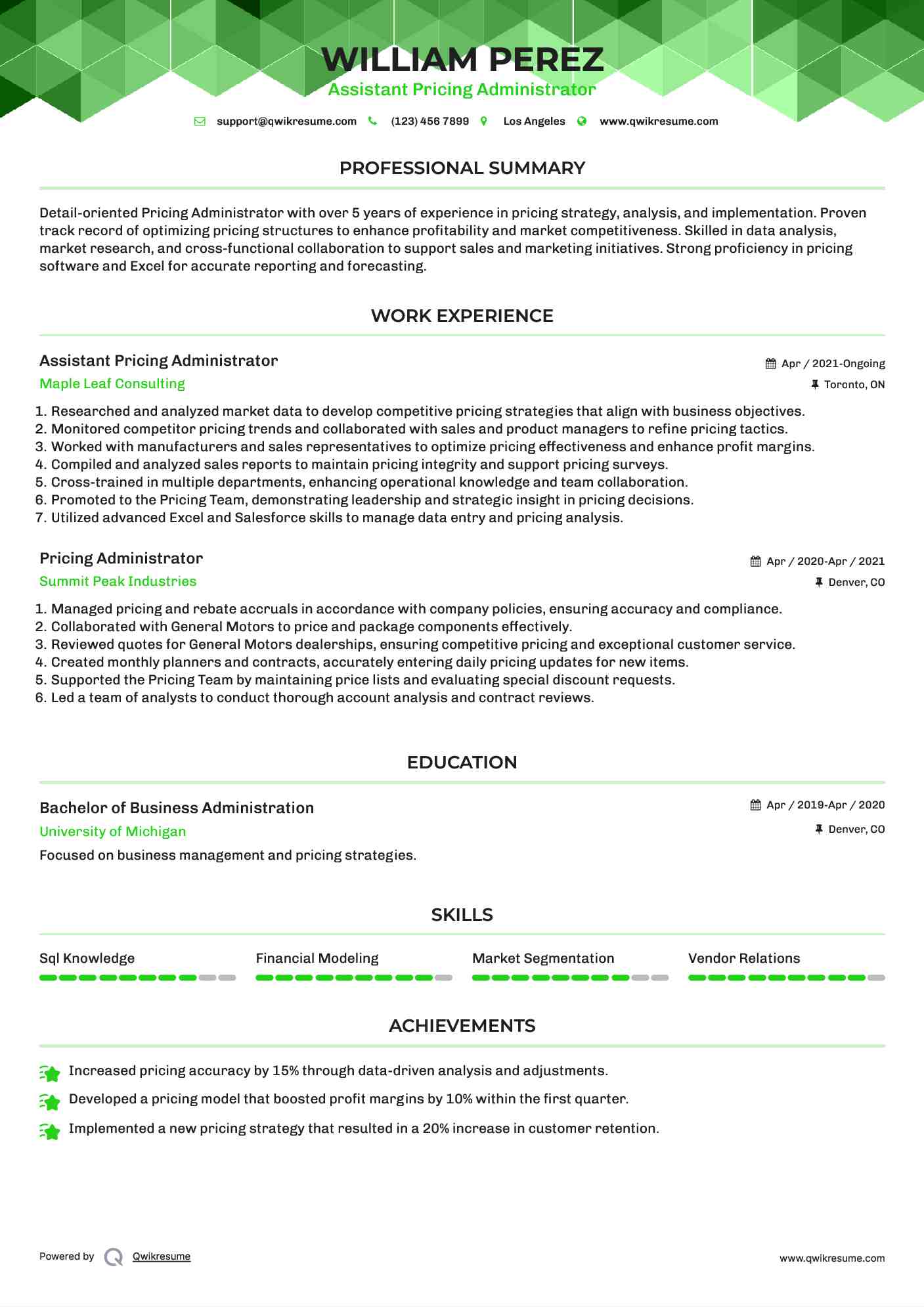Assistant Pricing Administrator Resume Sample