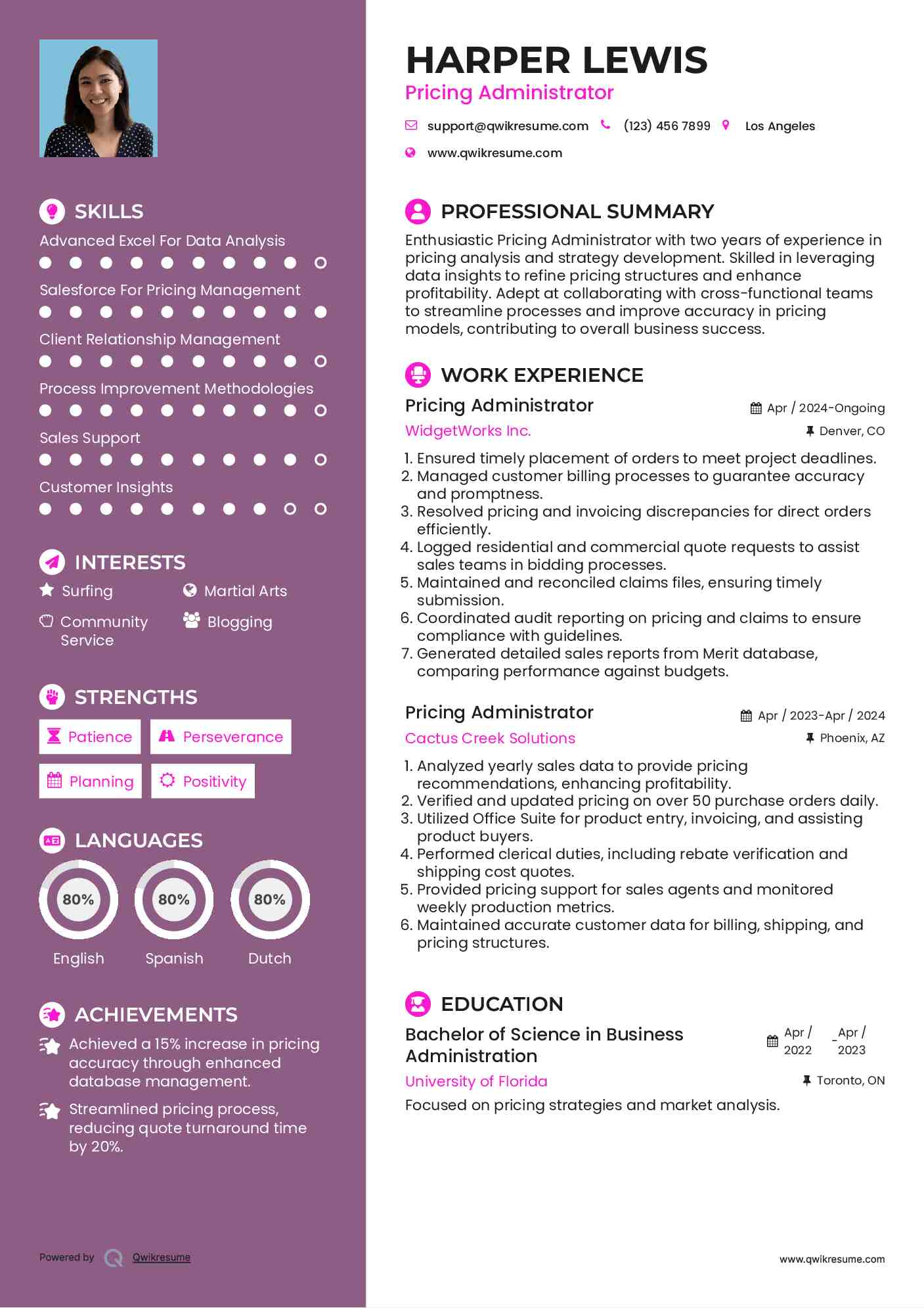 Pricing Administrator Resume Example