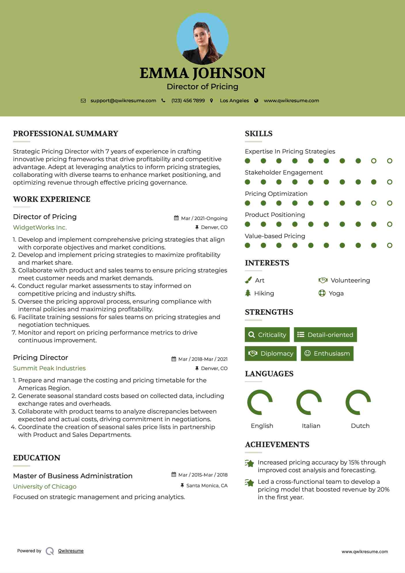 Director of Pricing
 Resume Example