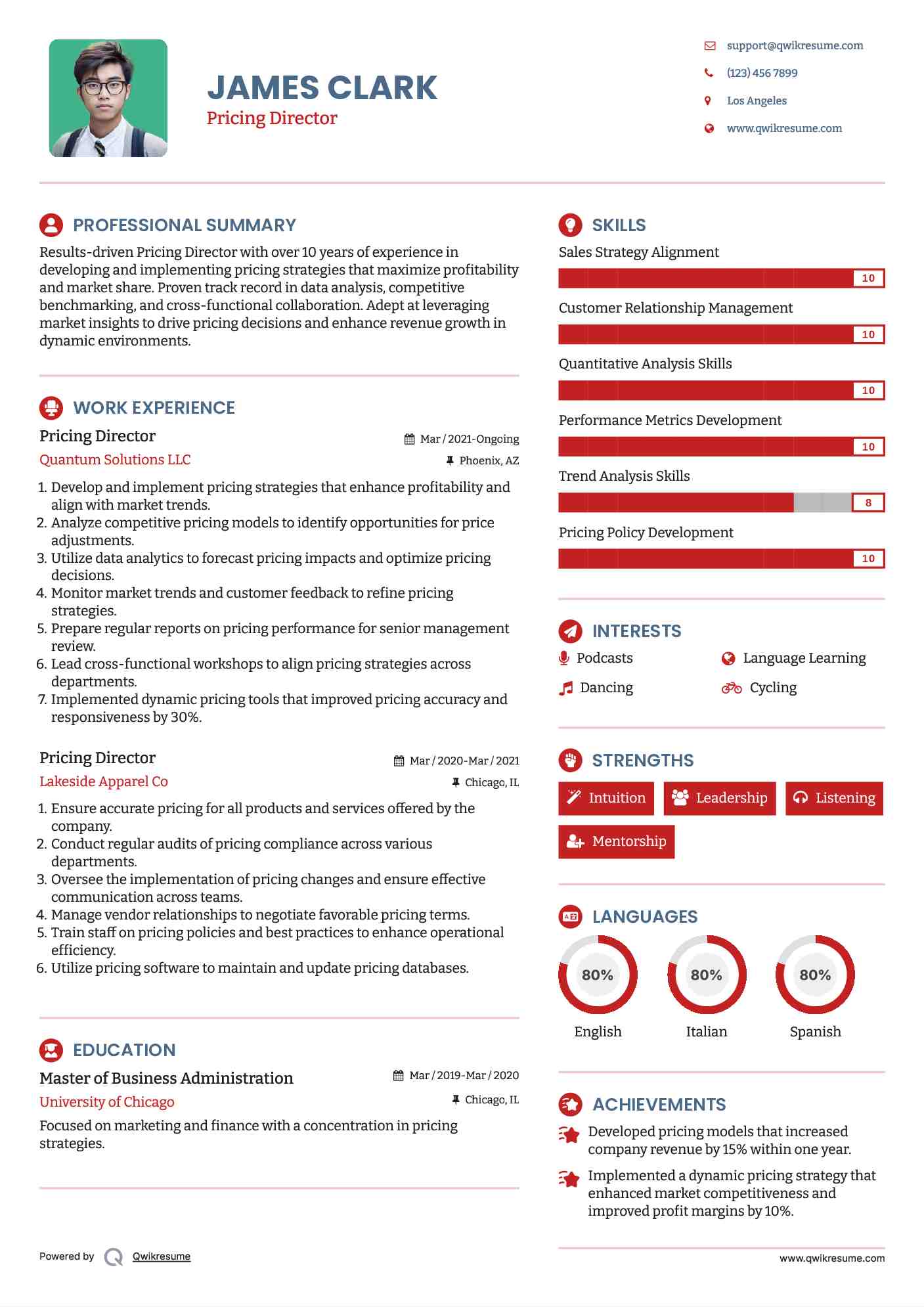 Pricing Director Resume Example
