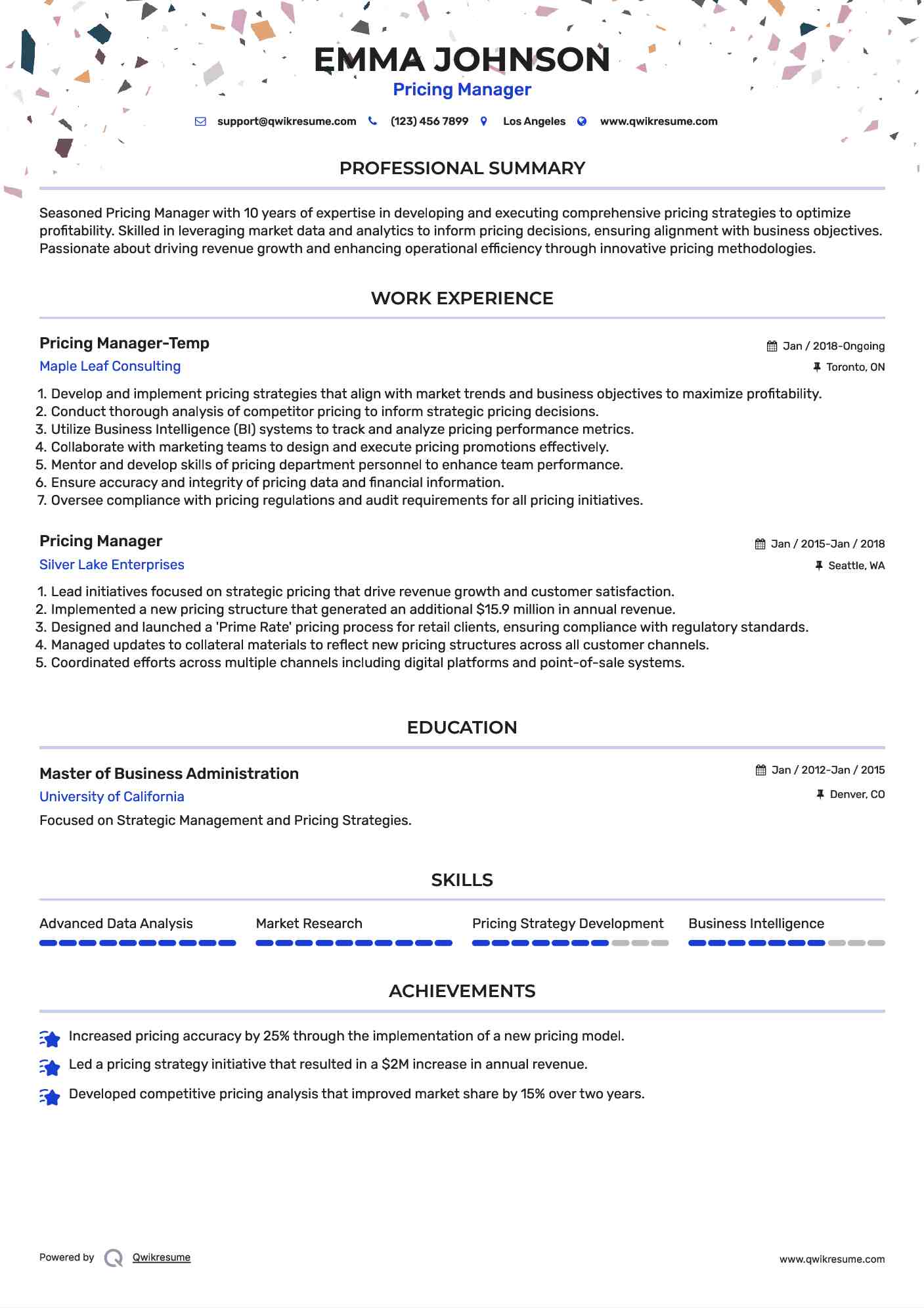 Pricing Manager-Temp Resume Example