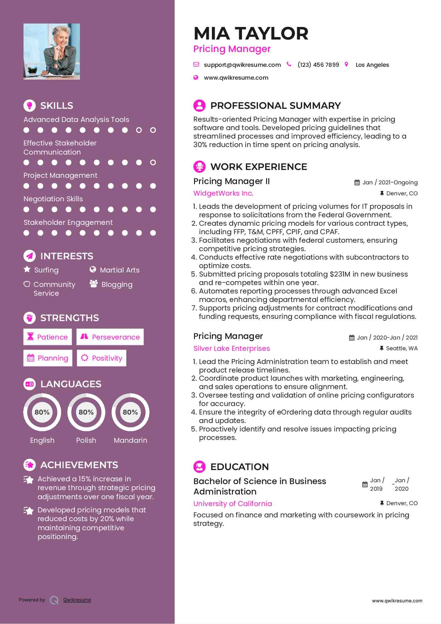 Pricing Manager II Resume Format