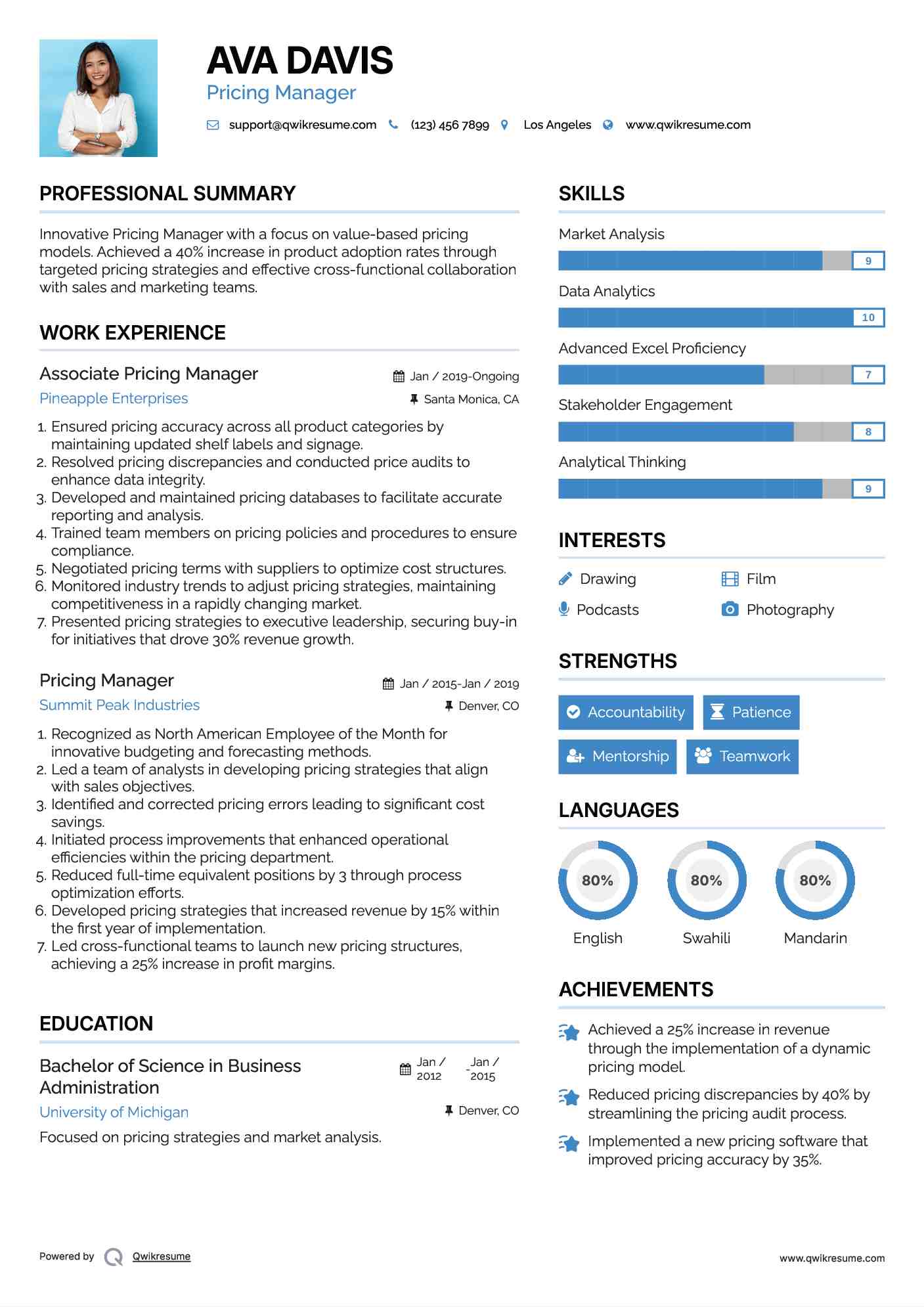 Associate Pricing Manager Resume Format