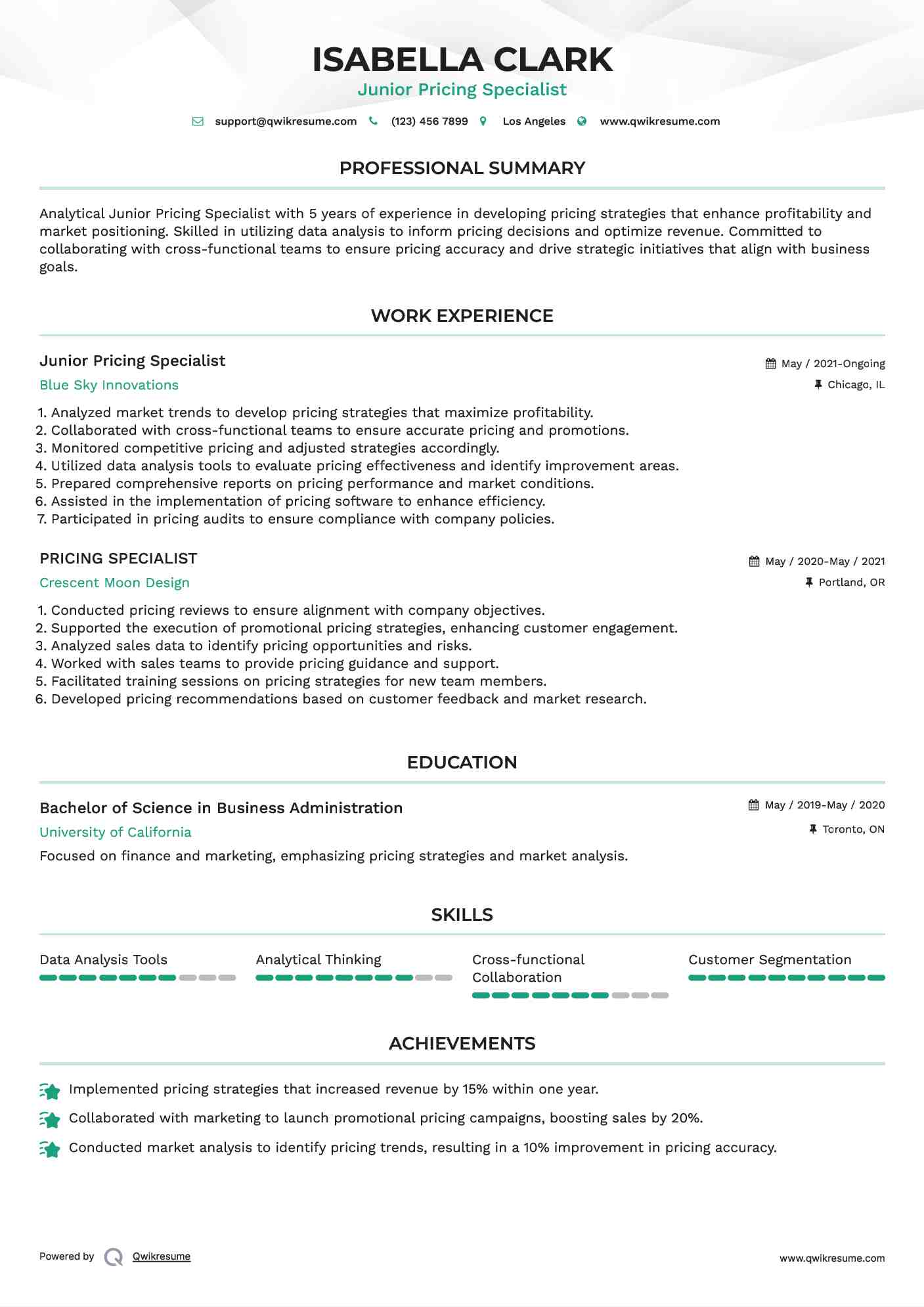 Junior Pricing Specialist Resume Sample