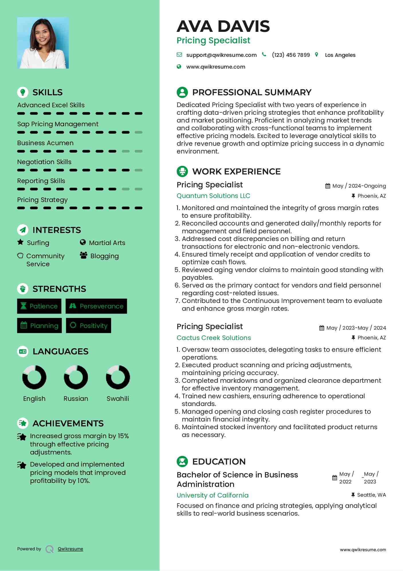 Pricing Specialist Resume Model