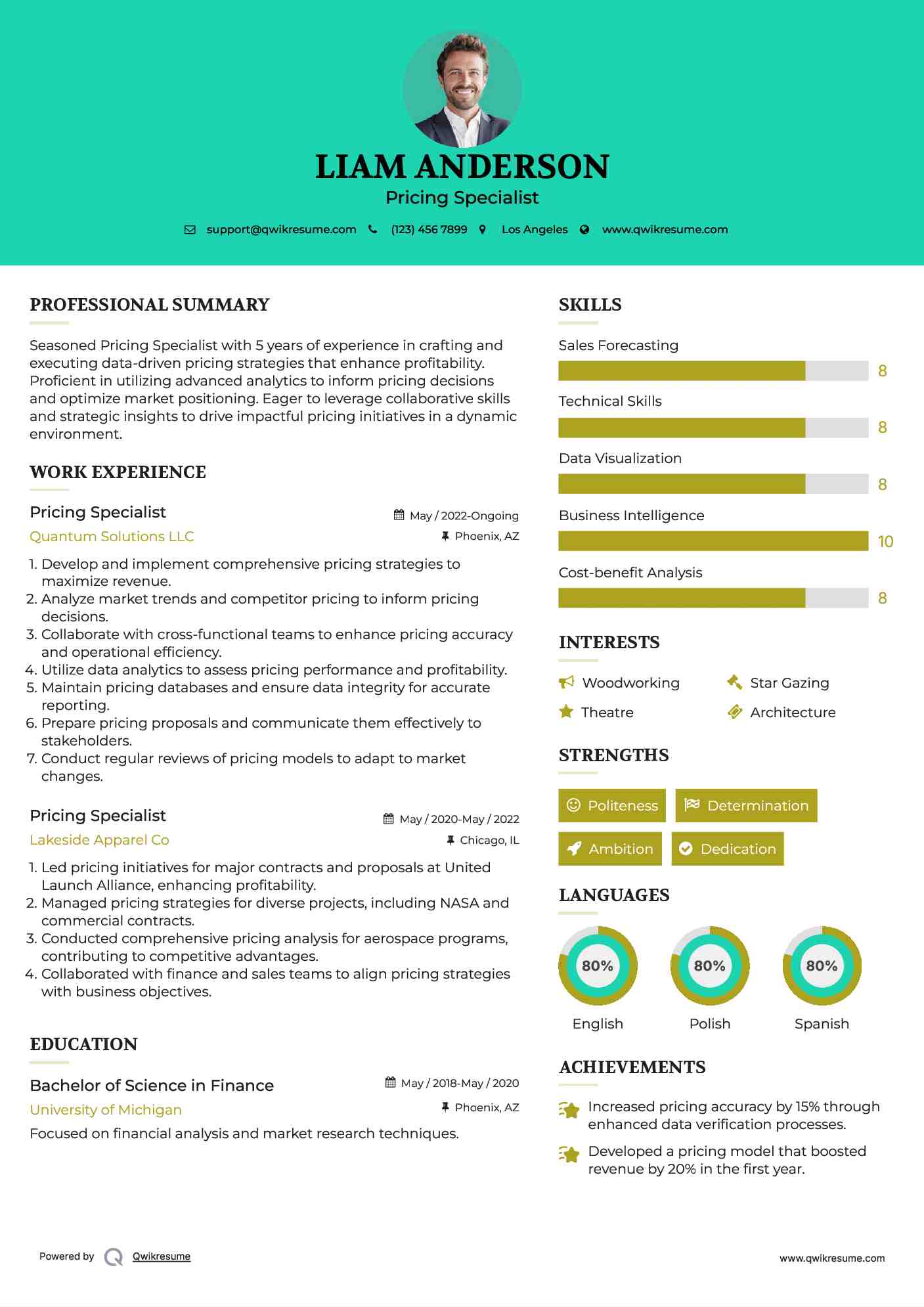 Pricing Specialist Resume Template
