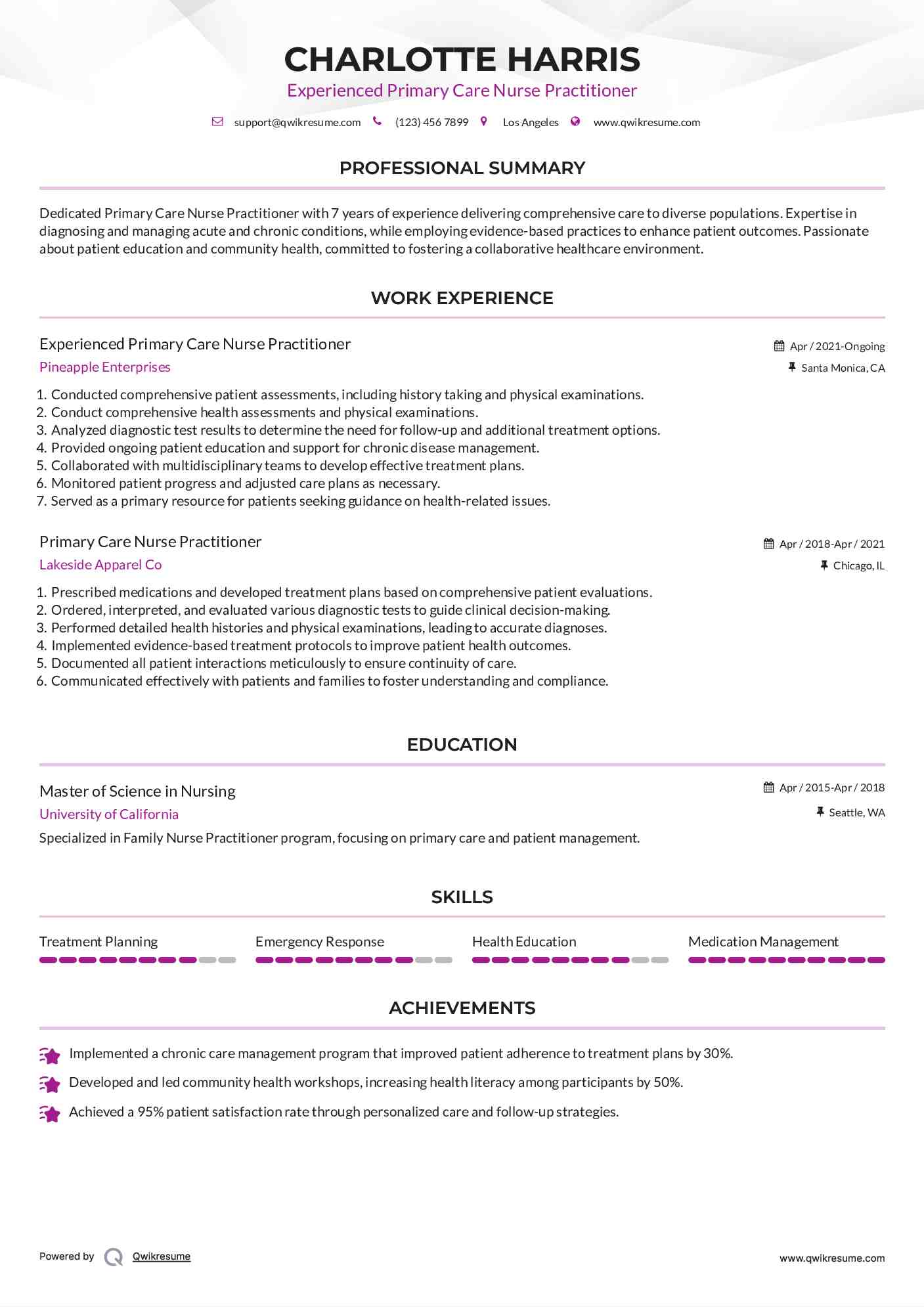 Experienced Primary Care Nurse Practitioner Resume Sample