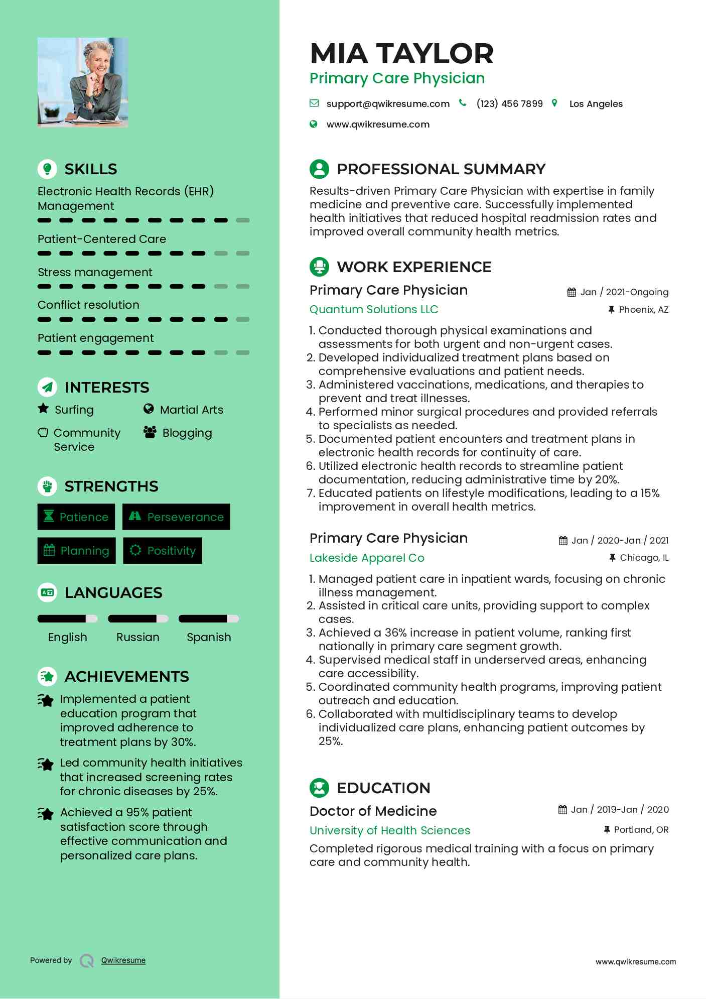 Primary Care Physician Resume Template