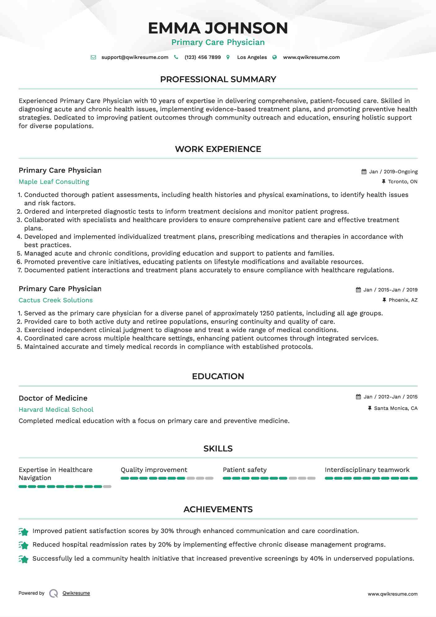 Primary Care Physician Resume Template
