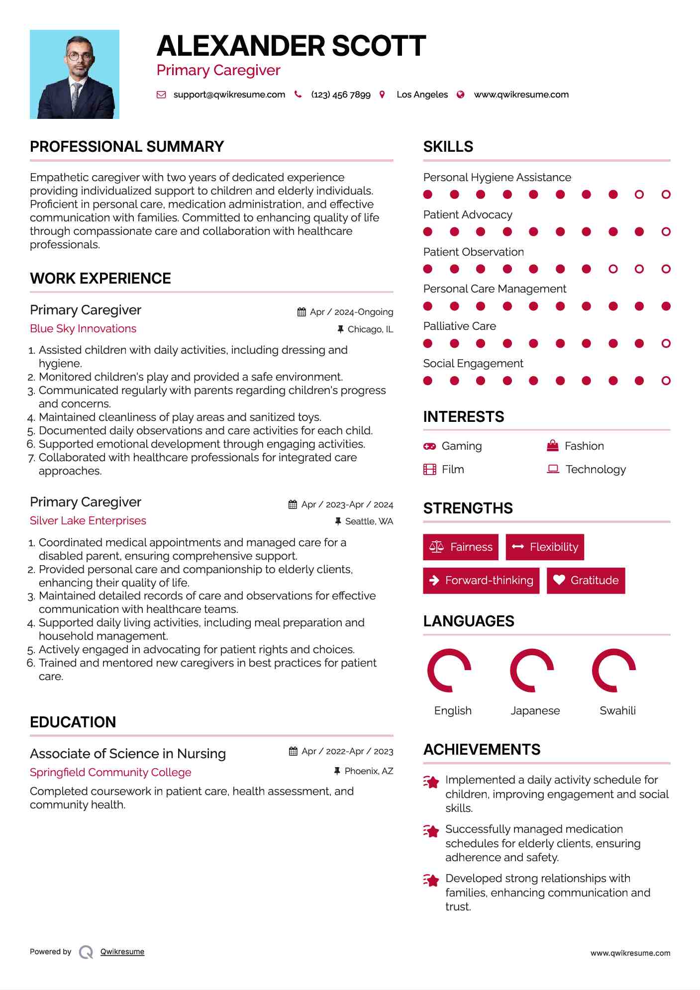 Primary Caregiver Resume Model