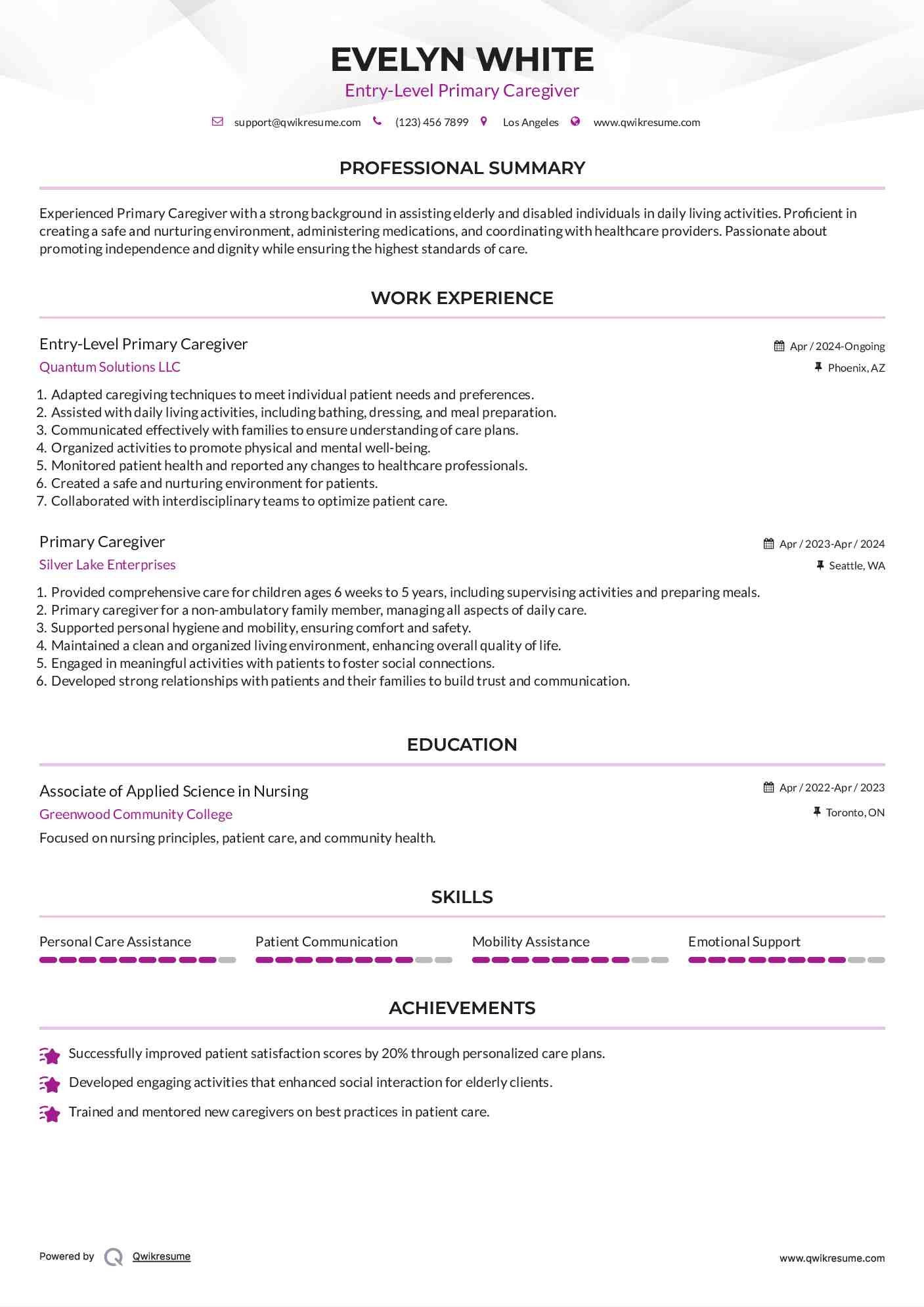 Entry-Level Primary Caregiver Resume Template