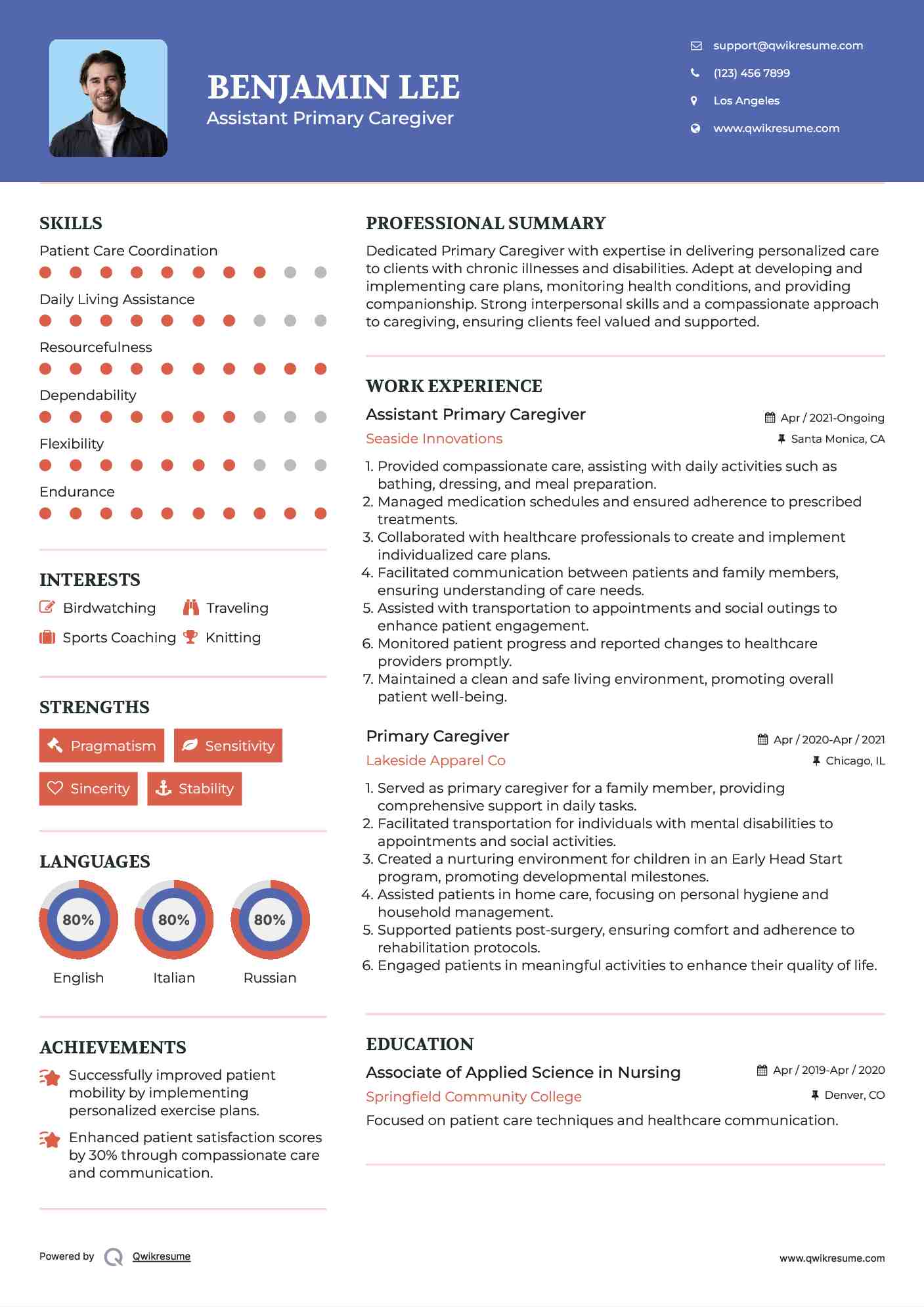 Assistant Primary Caregiver Resume Example