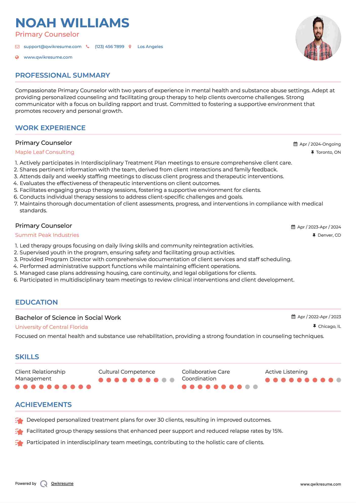 Primary Counselor Resume Sample