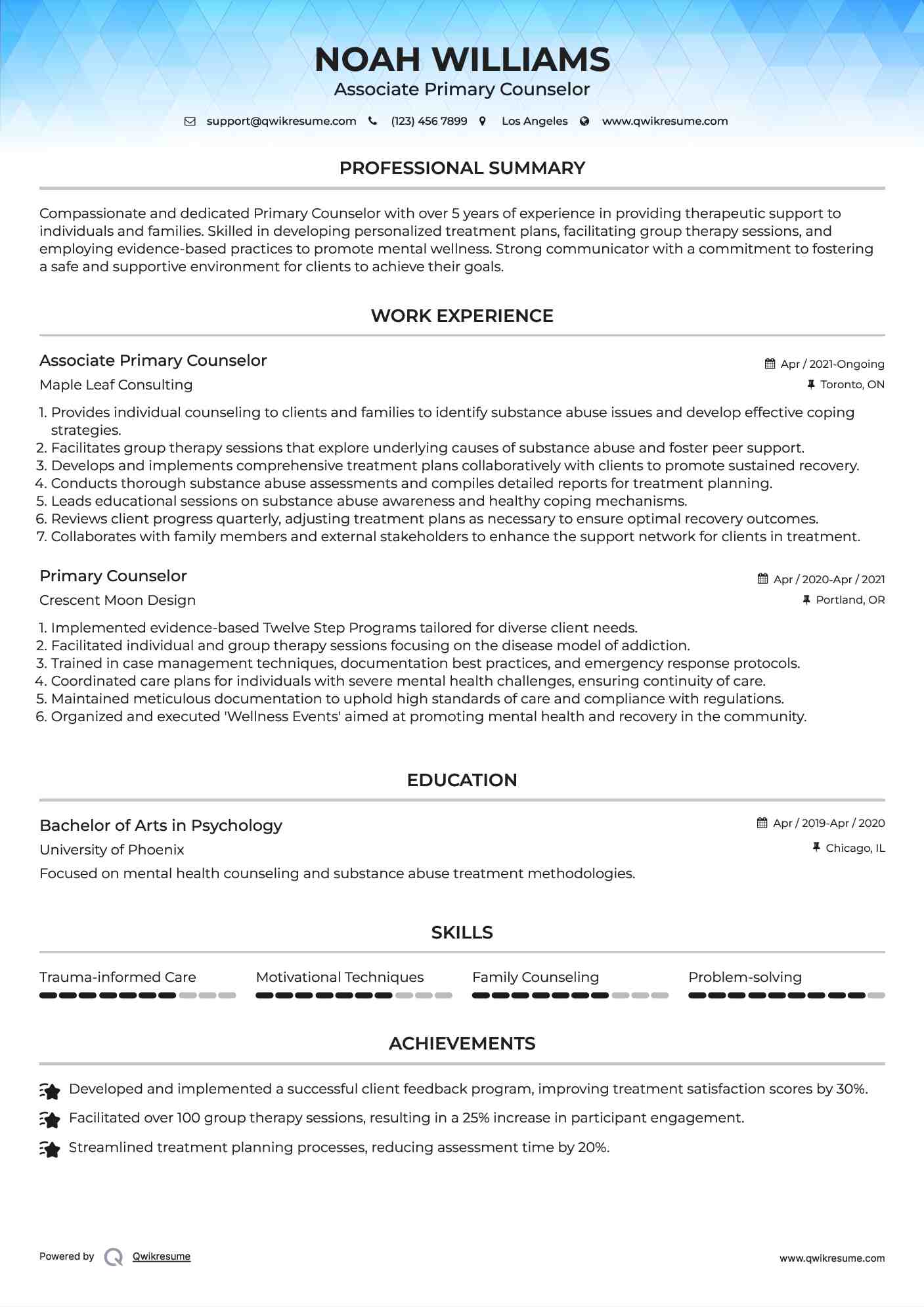 Associate Primary Counselor
 Resume Example