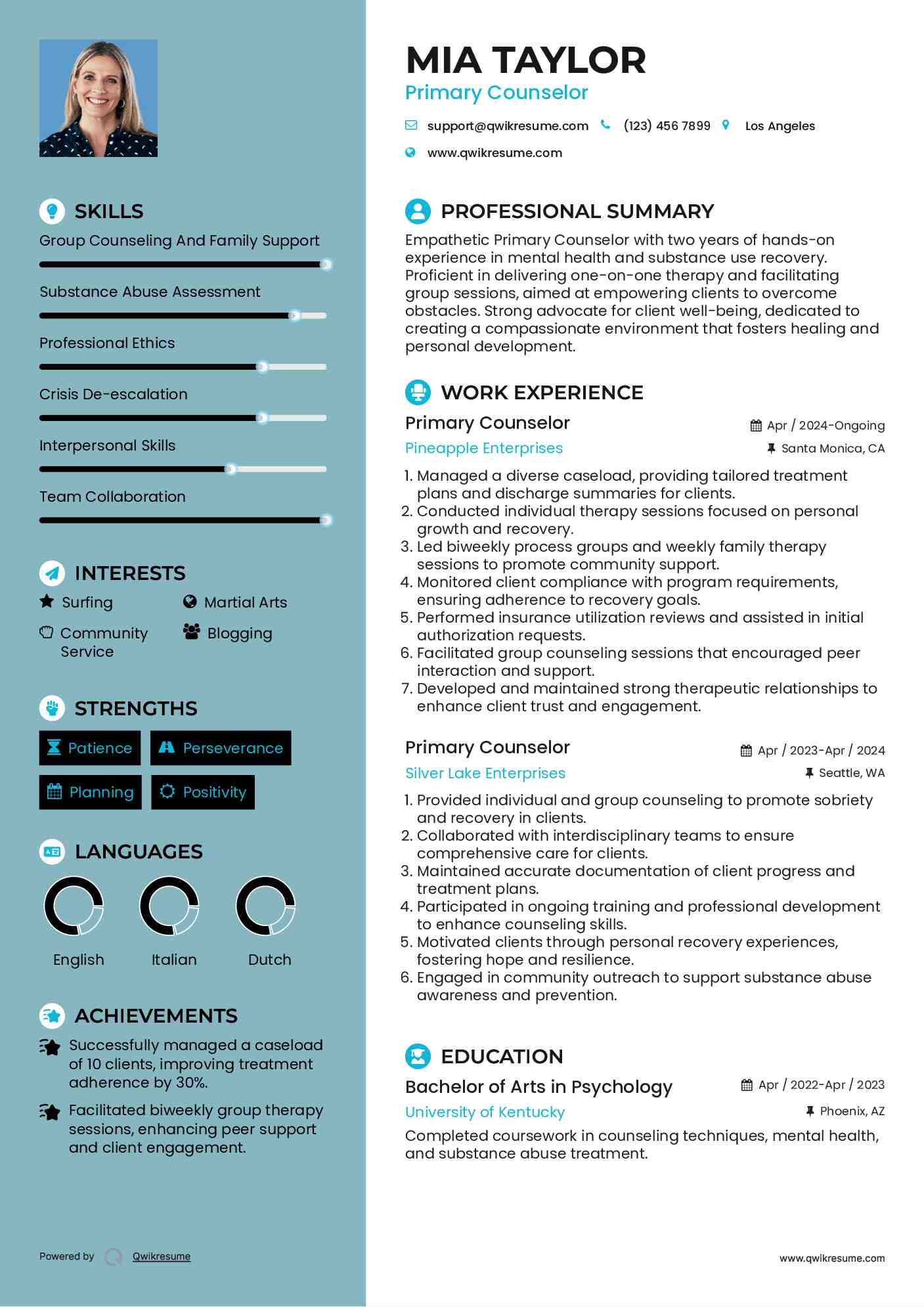 Primary Counselor Resume Model