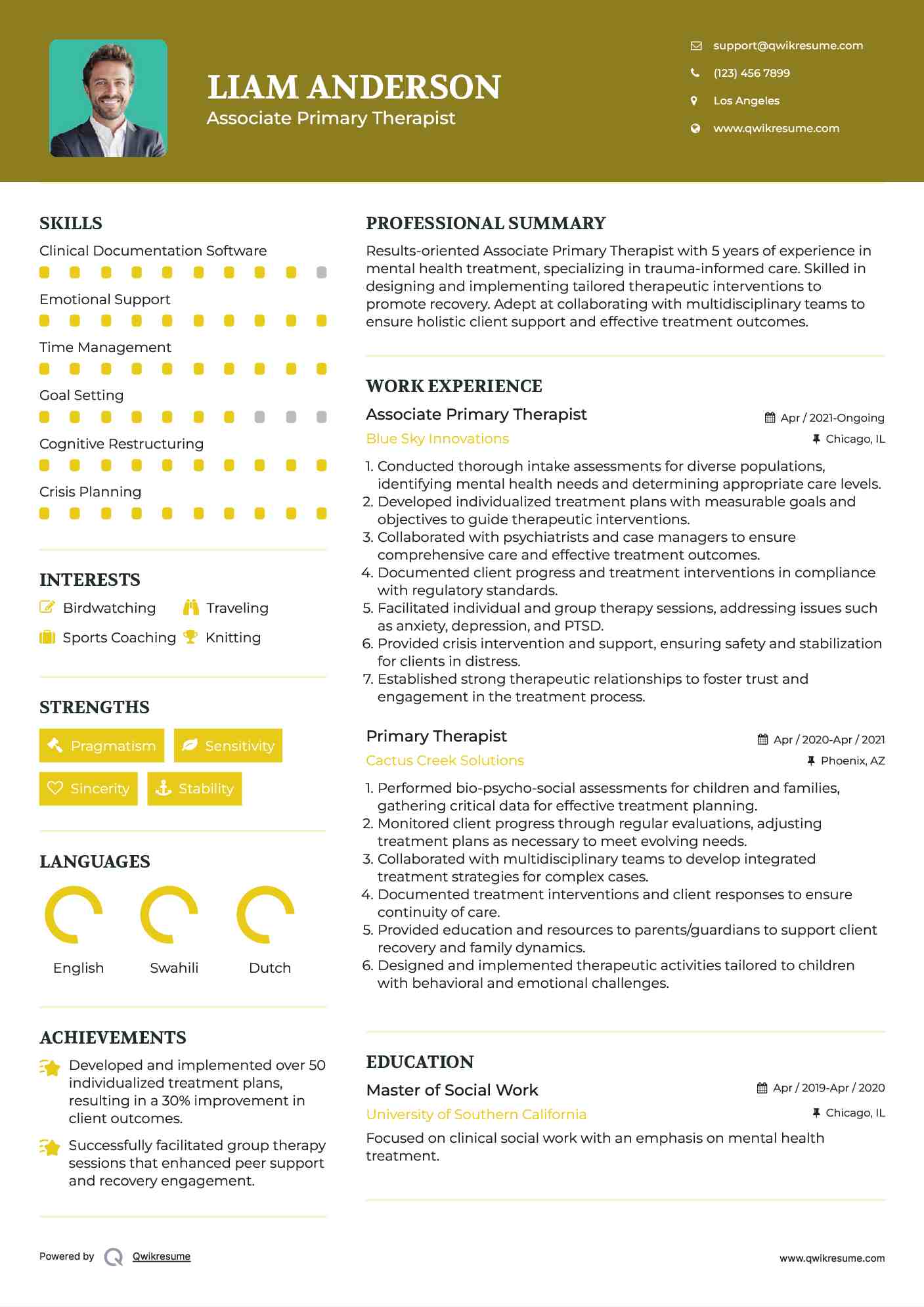 Associate Primary Therapist Resume Template