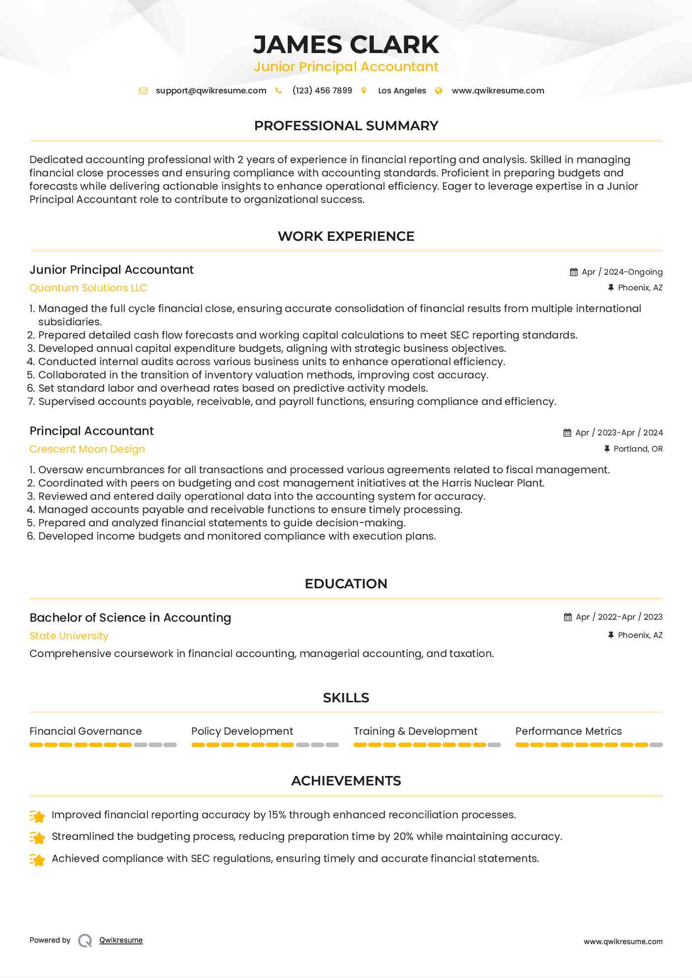 Junior Principal Accountant Resume Sample