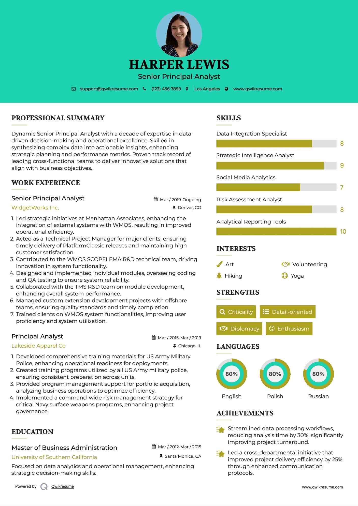 Senior Principal Analyst Resume Sample