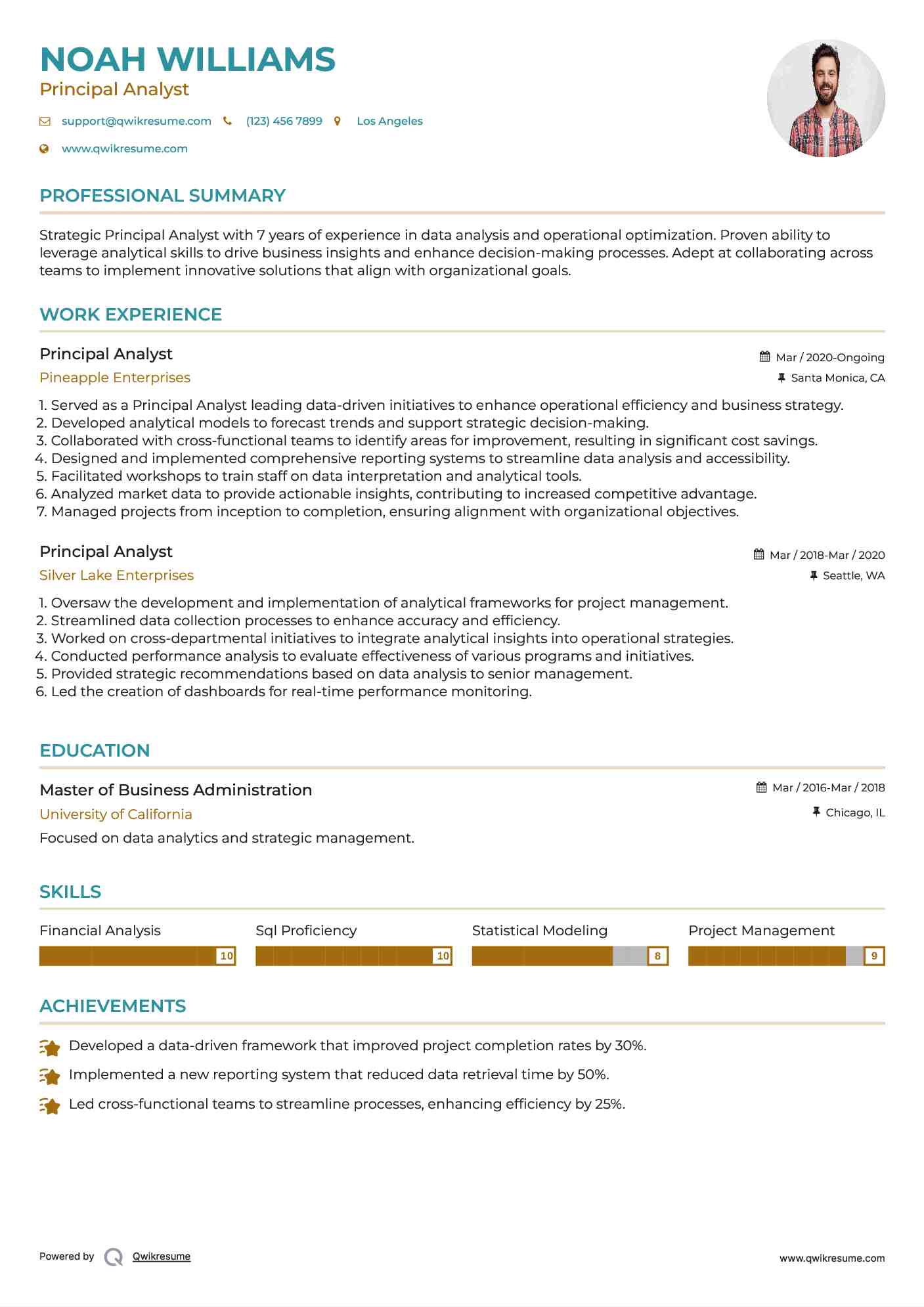 Principal Analyst Resume Example