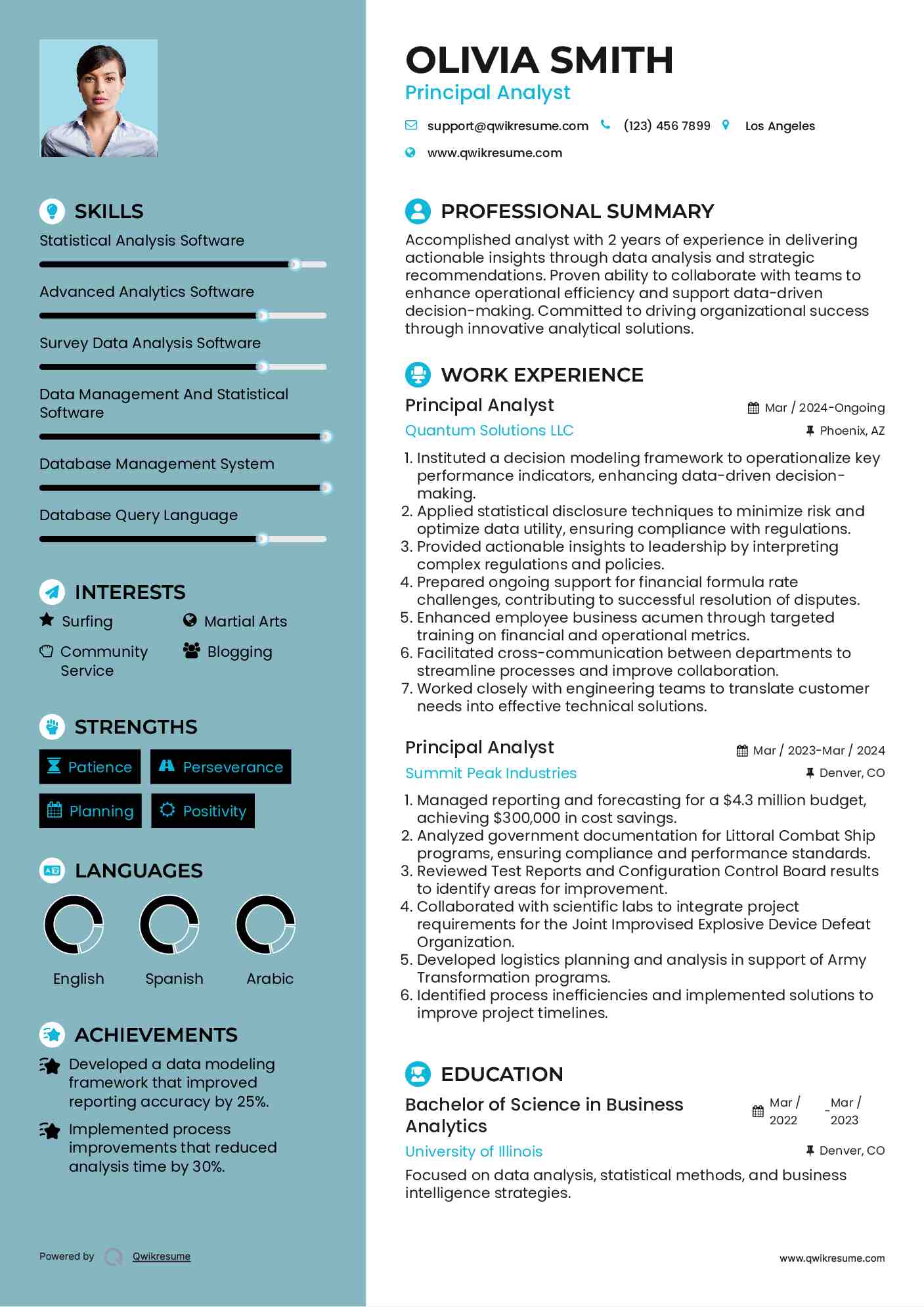 Principal Analyst Resume Sample