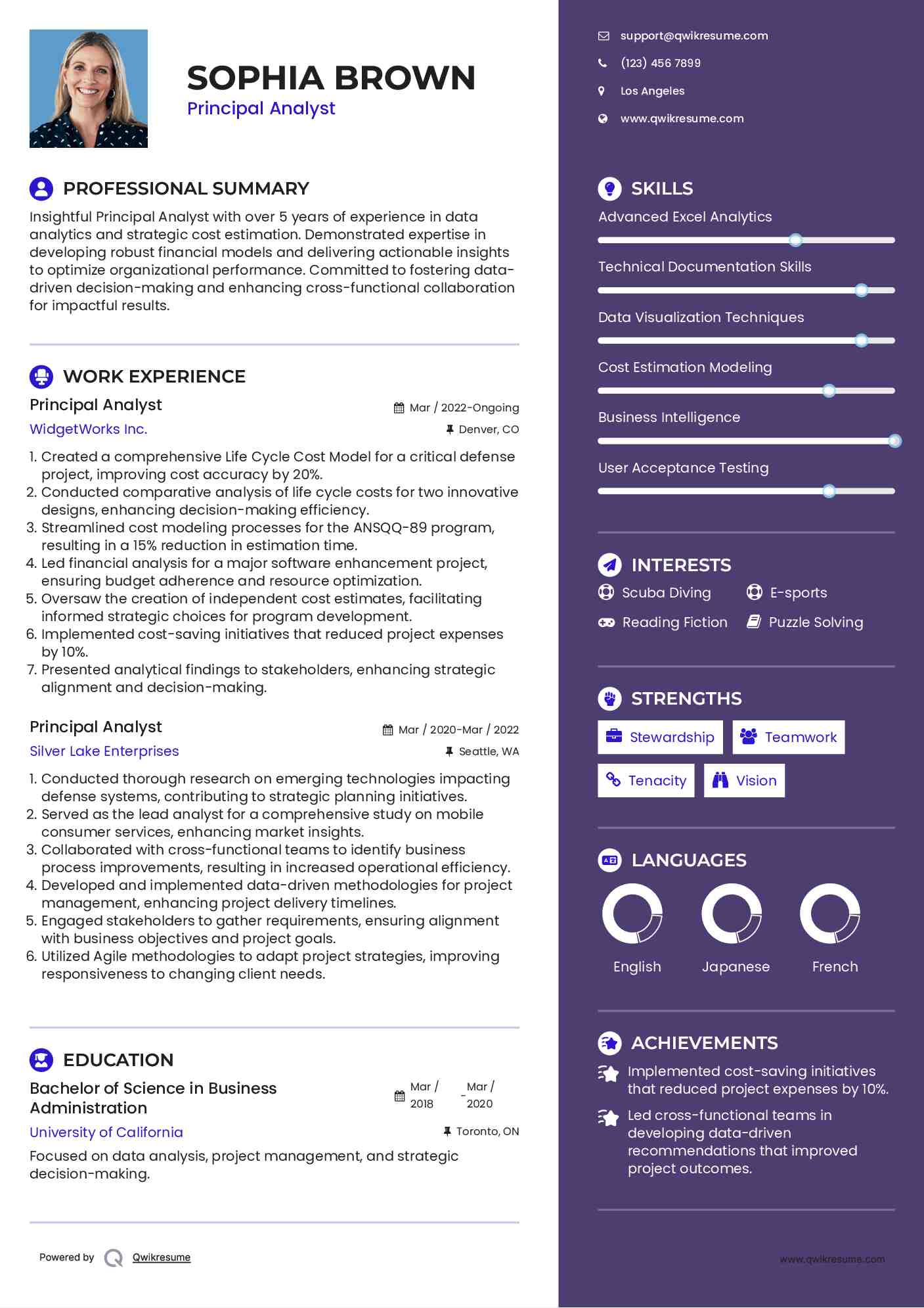 Principal Analyst Resume Example